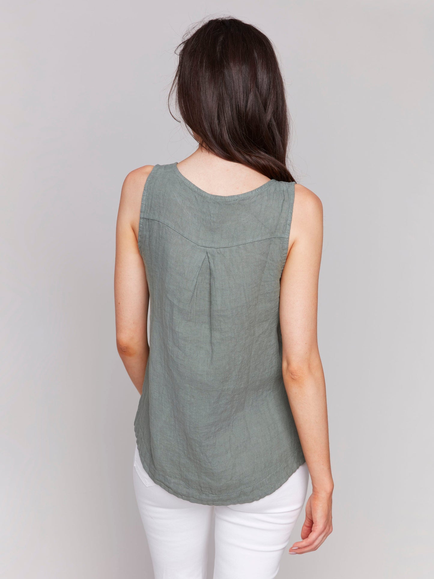 Sleeveless Linen Top with Side Buttons - Celadon