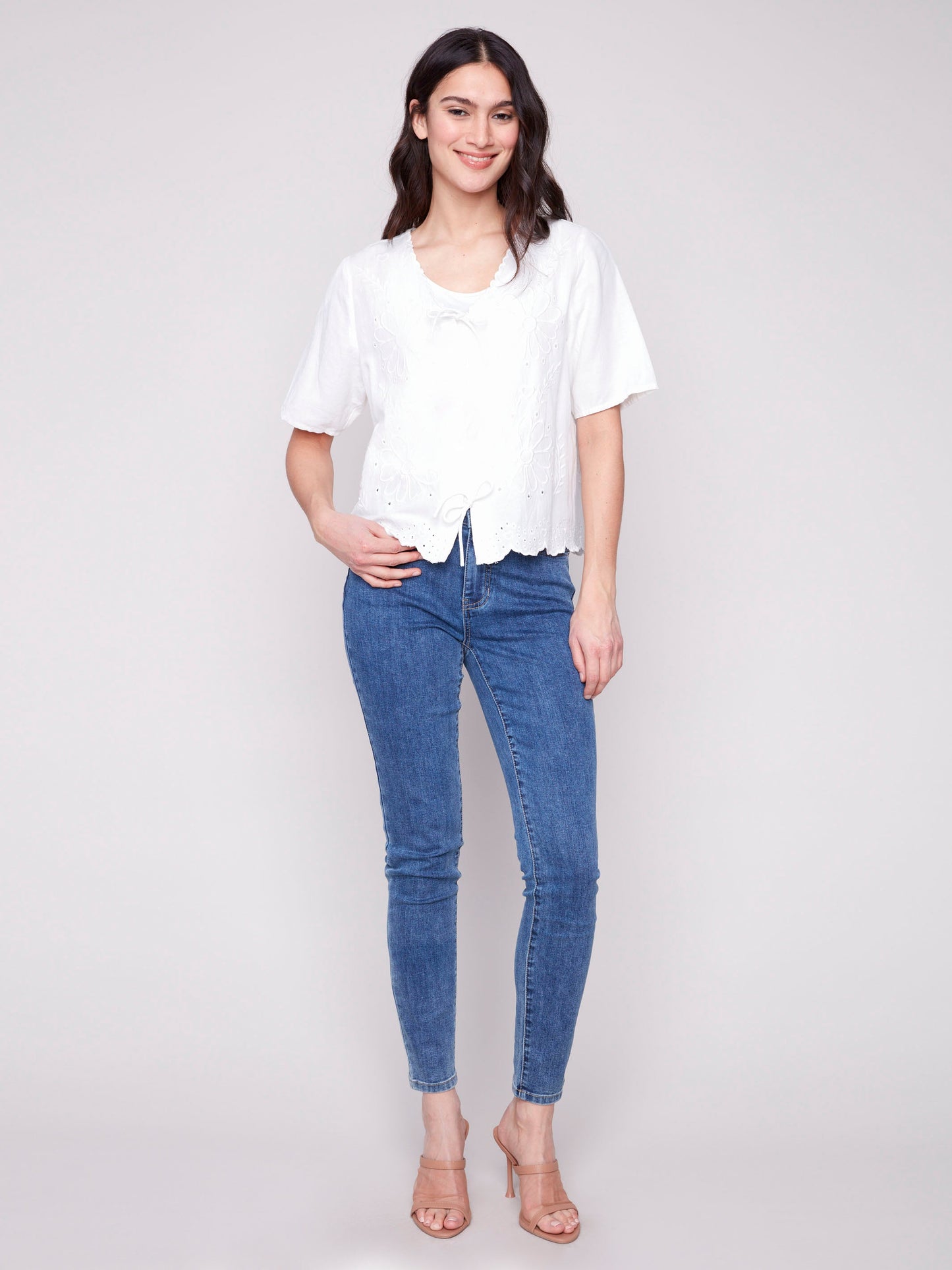 Eyelet Embroidery V-Neck Blouse with Front Ties - White