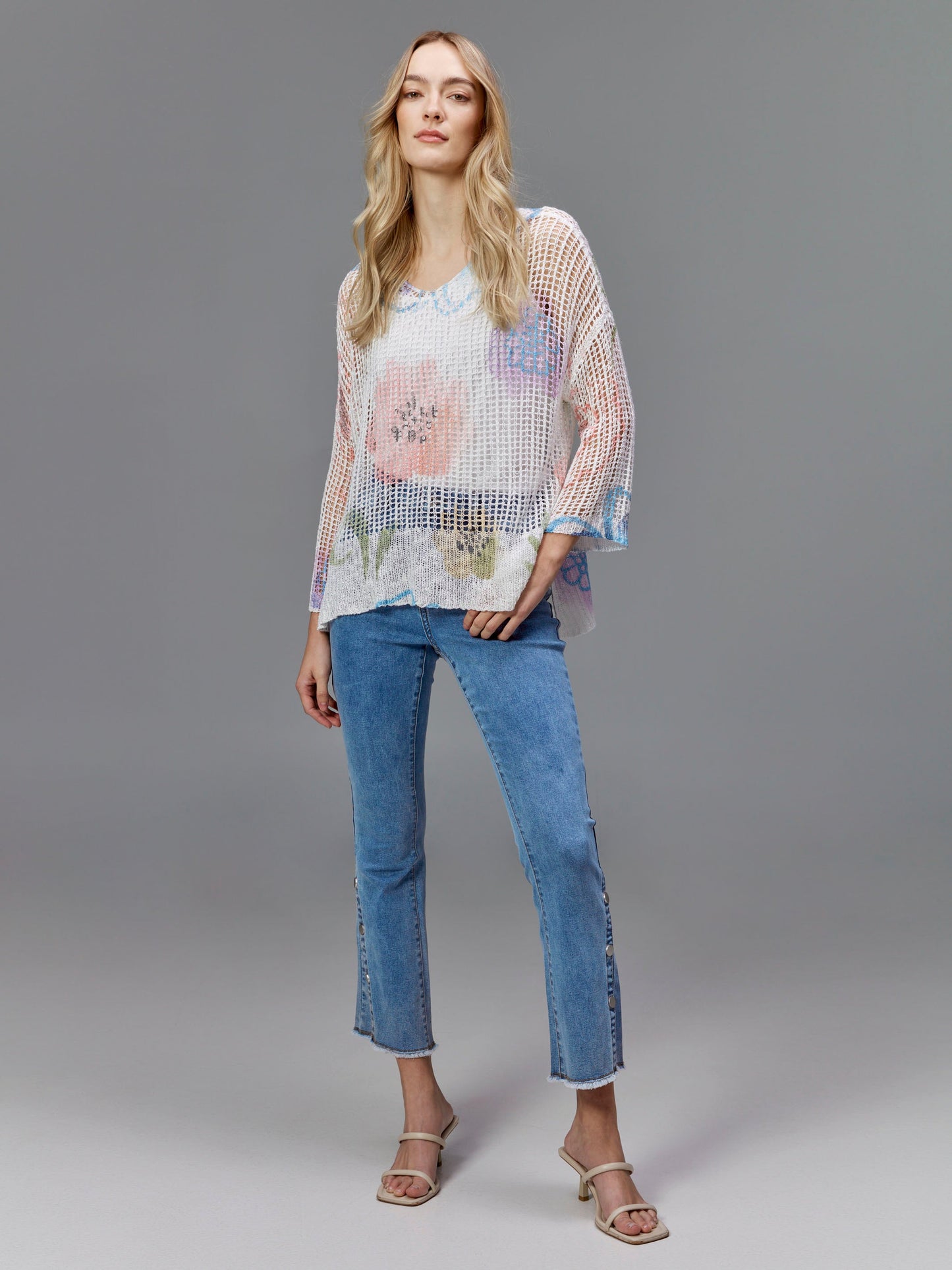 Printed Fishnet Crochet Sweater - Watercolor