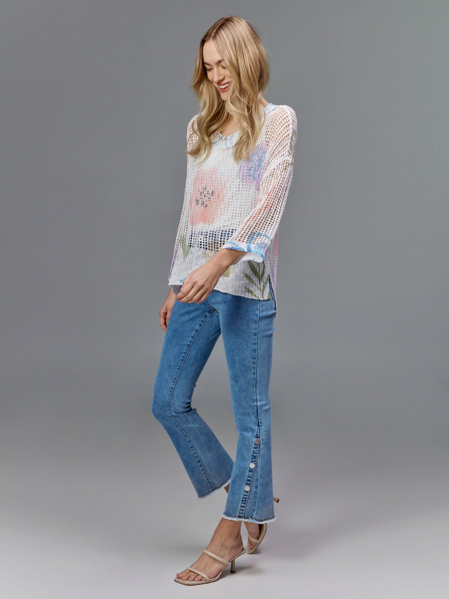 Printed Fishnet Crochet Sweater - Watercolor