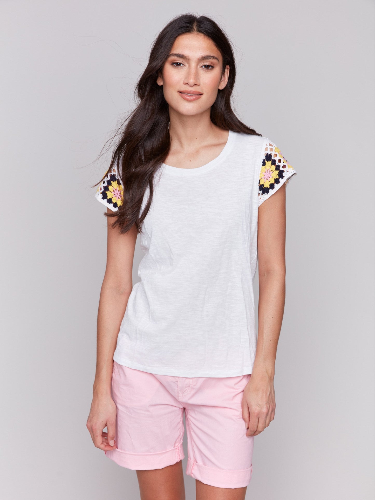 Crochet Cap Sleeve Cotton T-Shirt - White