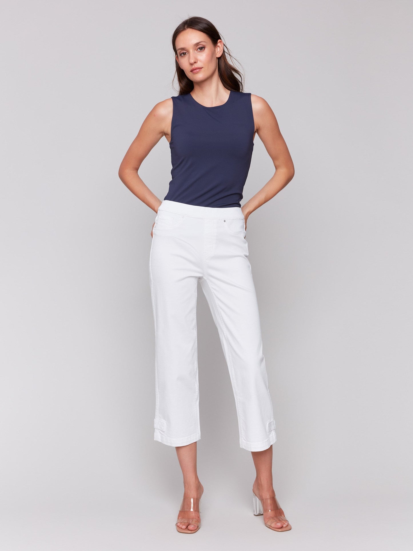 Cropped Pull-On Twill Pants with Hem Tab - White