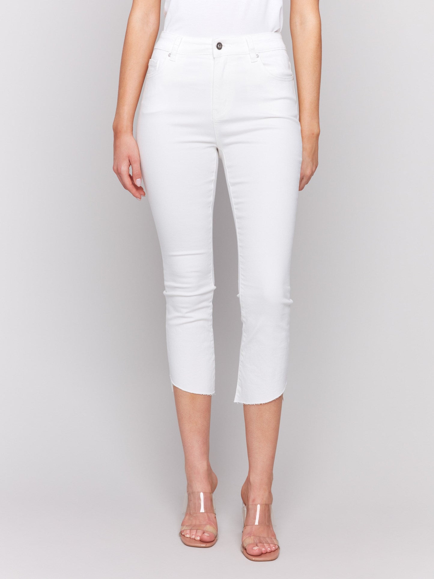 Cropped Twill Pants with Asymmetrical Hem - White
