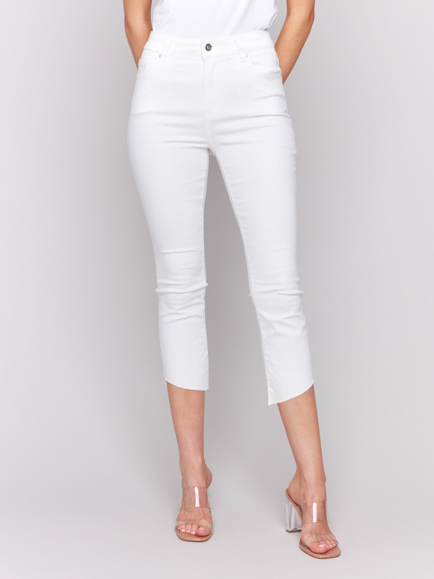 Cropped Twill Pants with Asymmetrical Hem - White