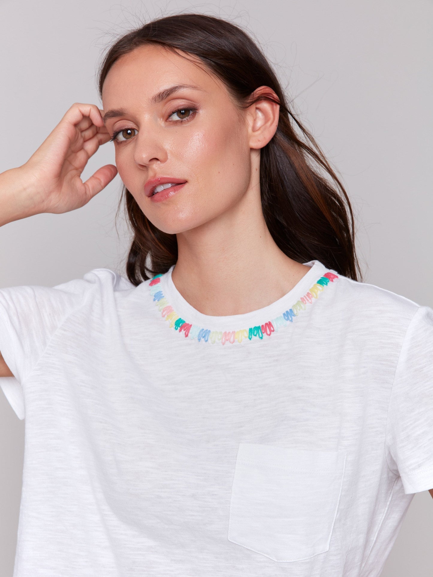 Embroidered Neckline Cotton T-Shirt - White