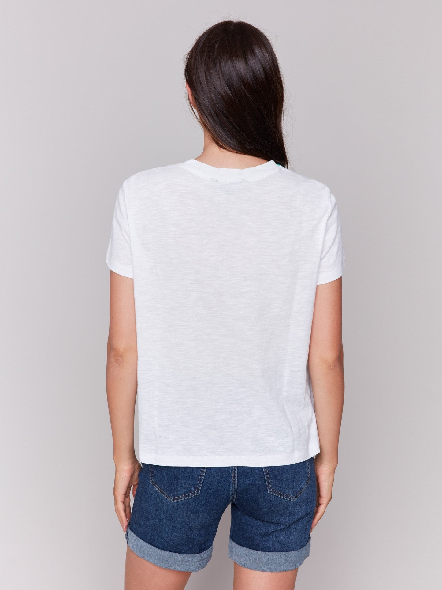 Embroidered Neckline Cotton T-Shirt - White