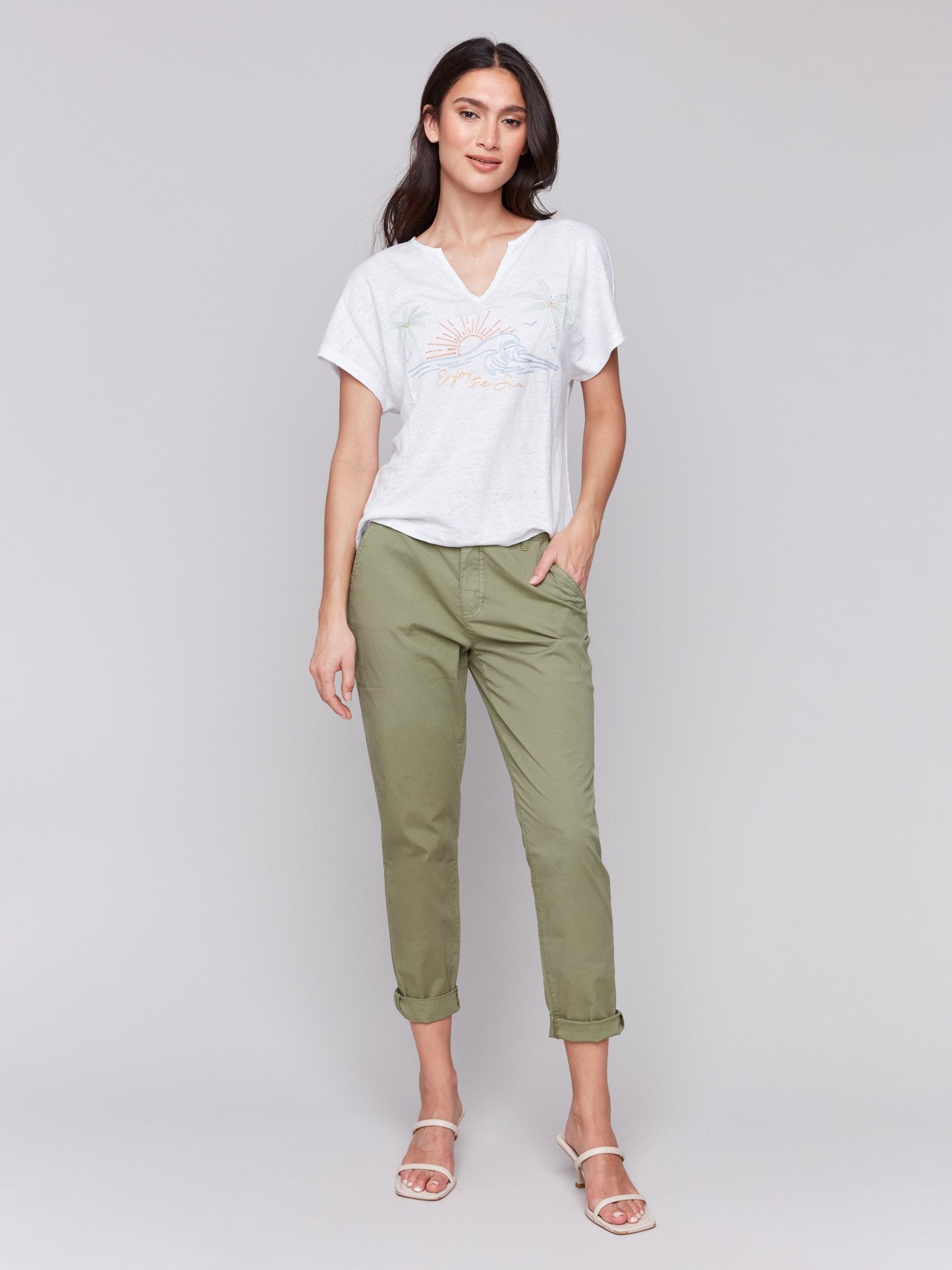 Embroidered Short Sleeve Dolman Top - White