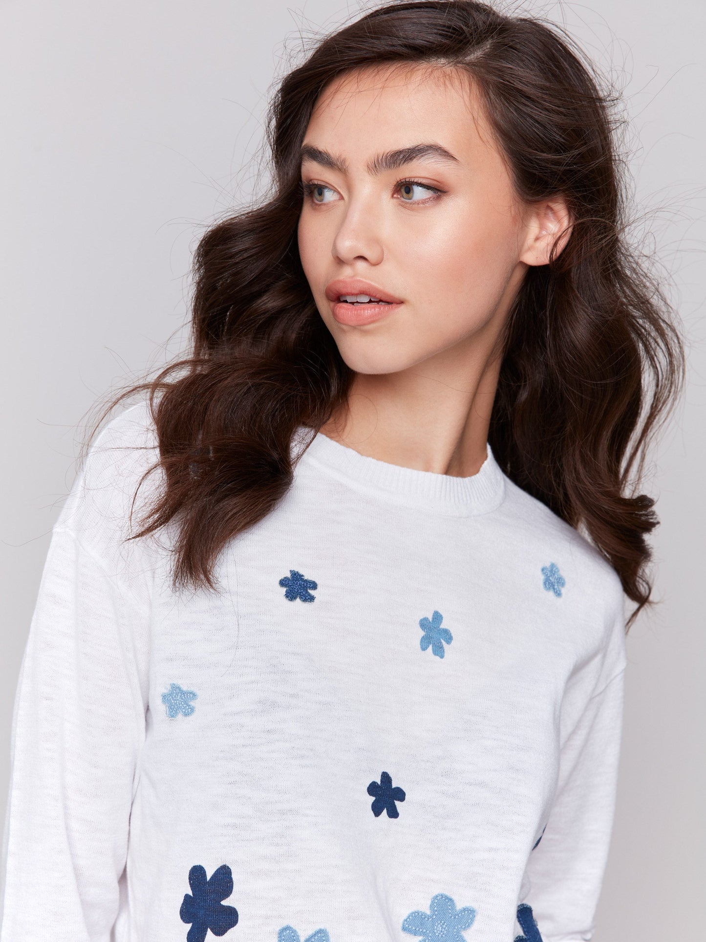 Floral Denim Patch Cotton Sweater - Patches
