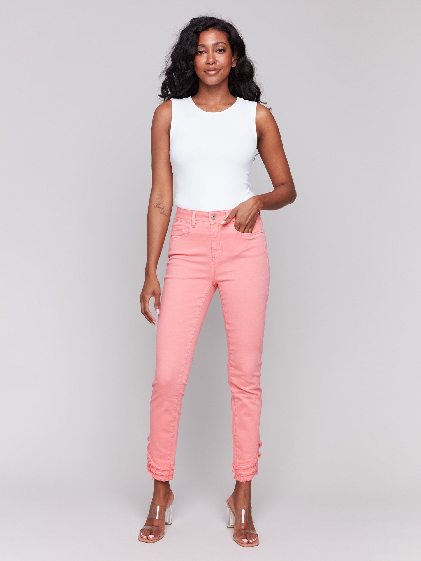 Frayed Hem Twill Pants - Watermelon