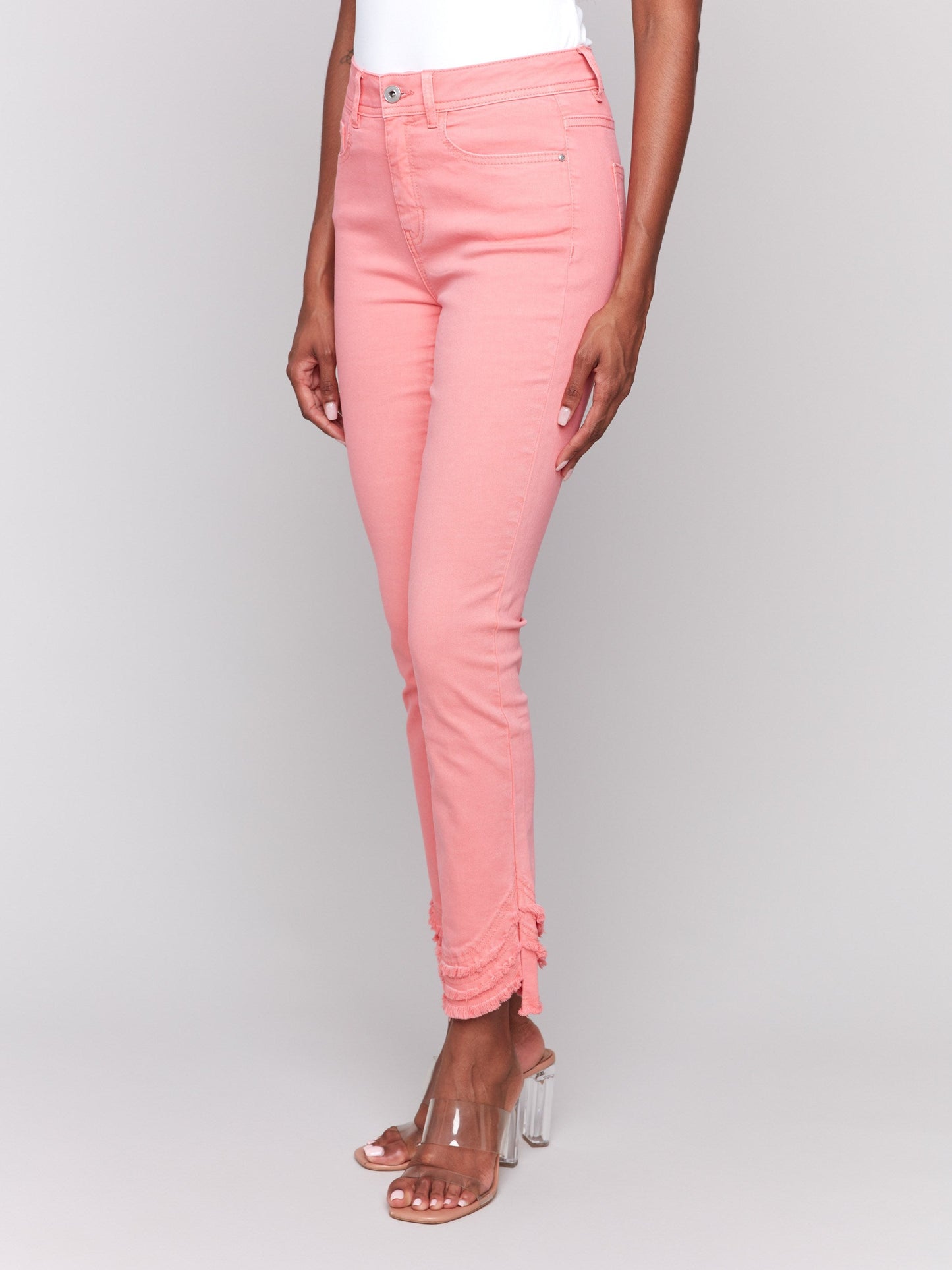 Frayed Hem Twill Pants - Watermelon
