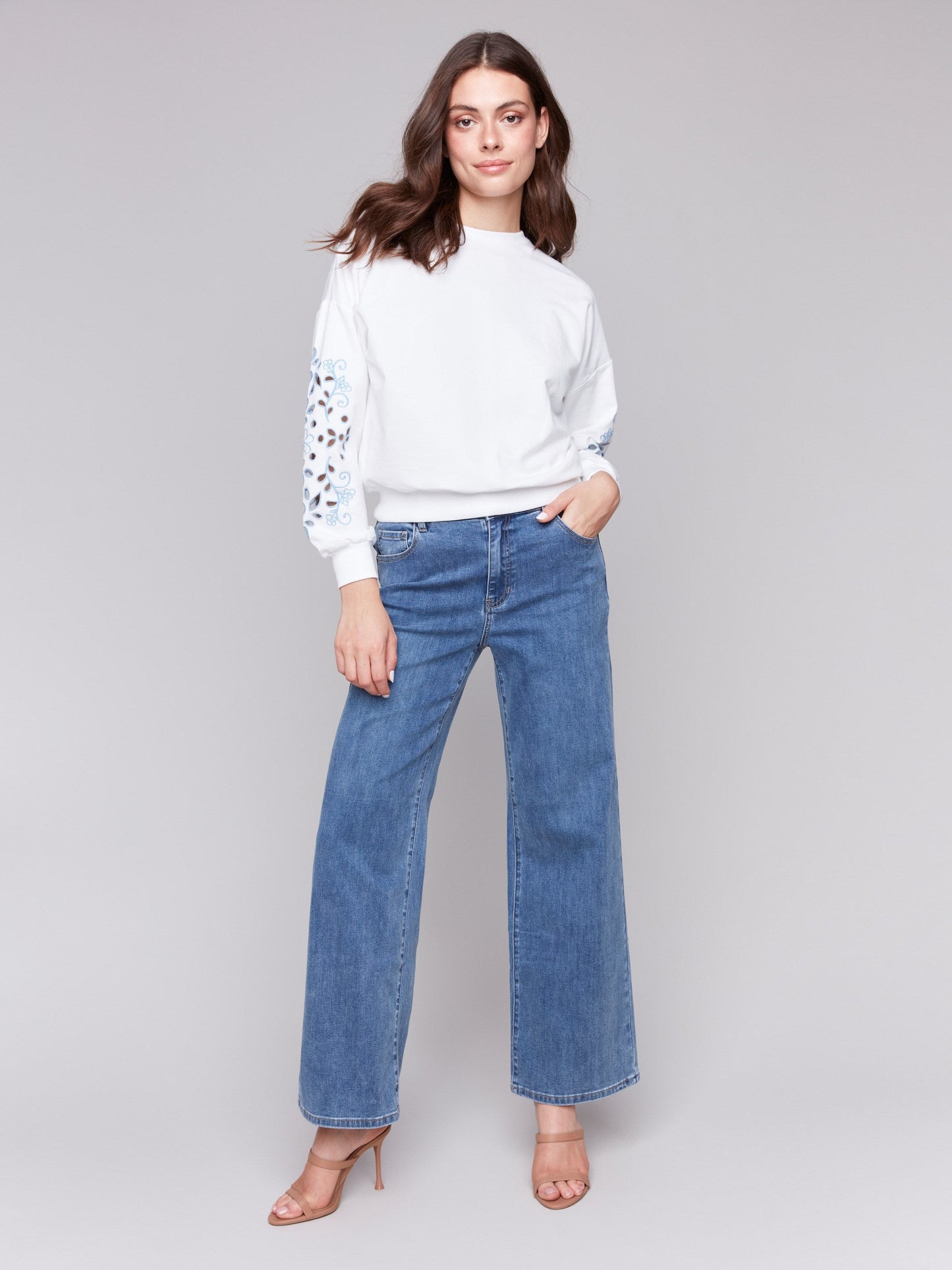 French Terry Sweatshirt with Embroidered Sleeves - White