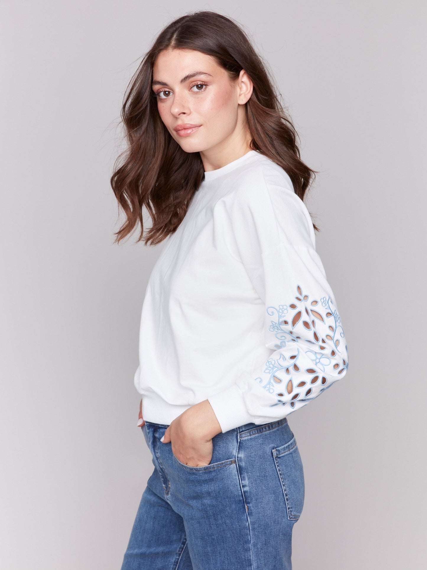 French Terry Sweatshirt with Embroidered Sleeves - White