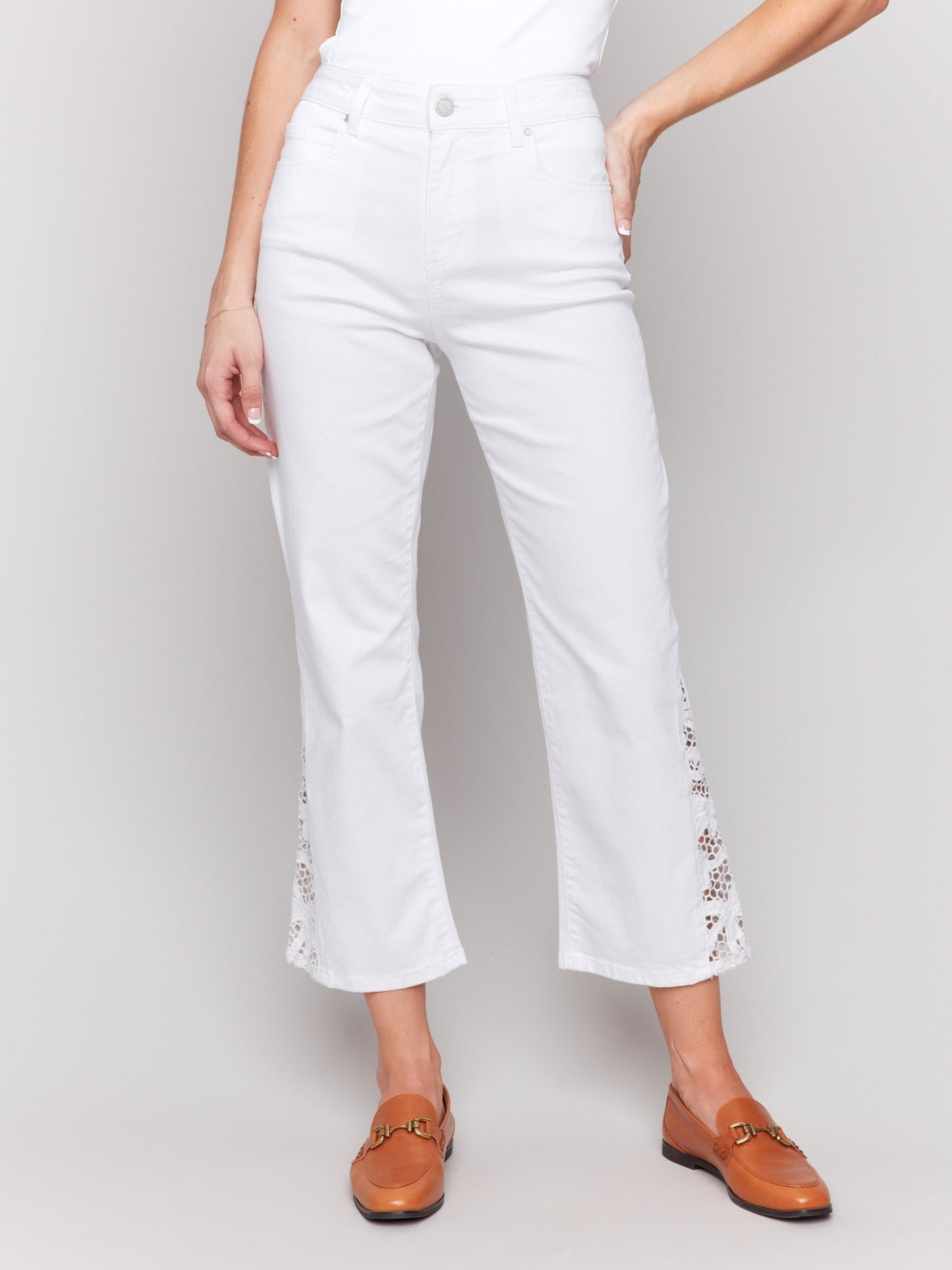 Lace Cut Side Bootcut Twill Pants - White