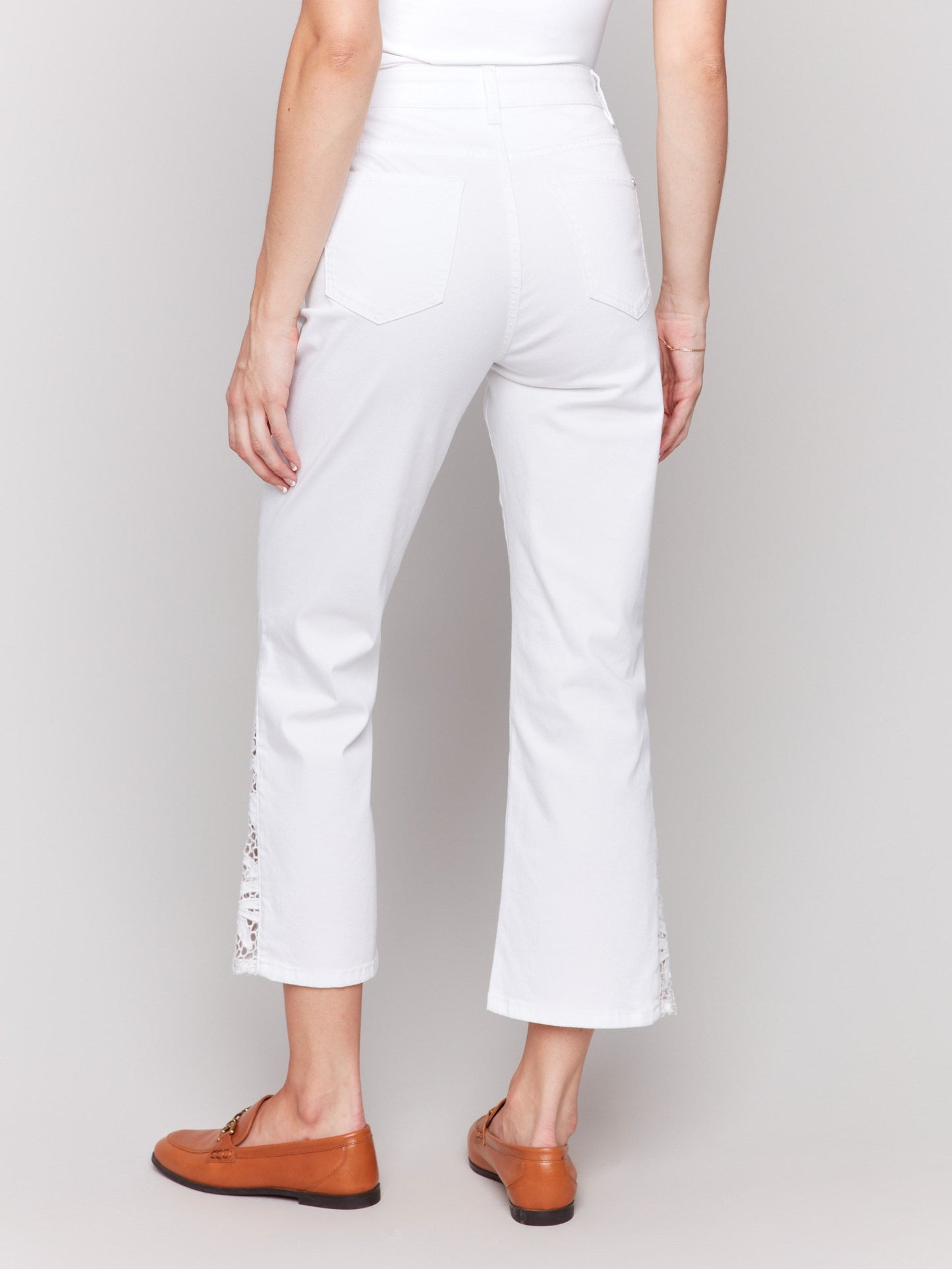 Lace Cut Side Bootcut Twill Pants - White