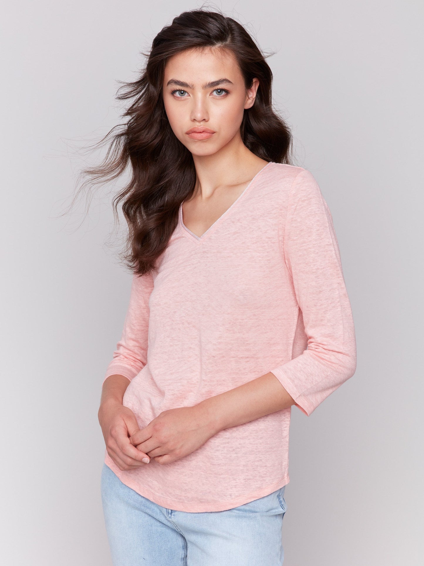 Linen Blend V-Neck Top - Guava