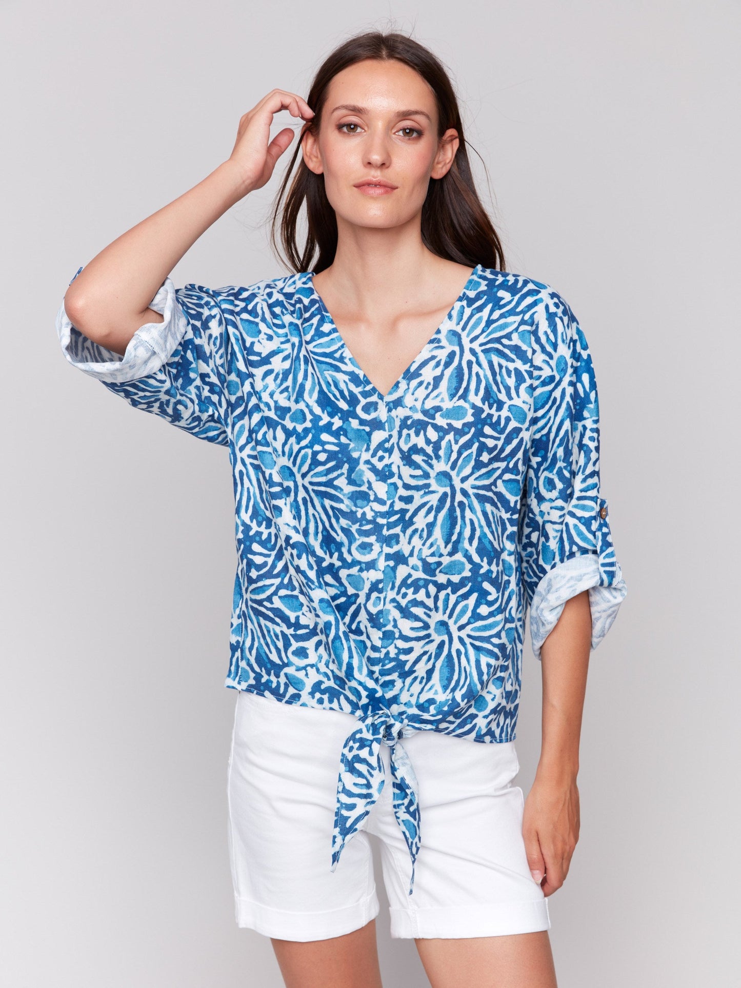 Printed 3/4 Sleeve Top with Front Tie - Reef