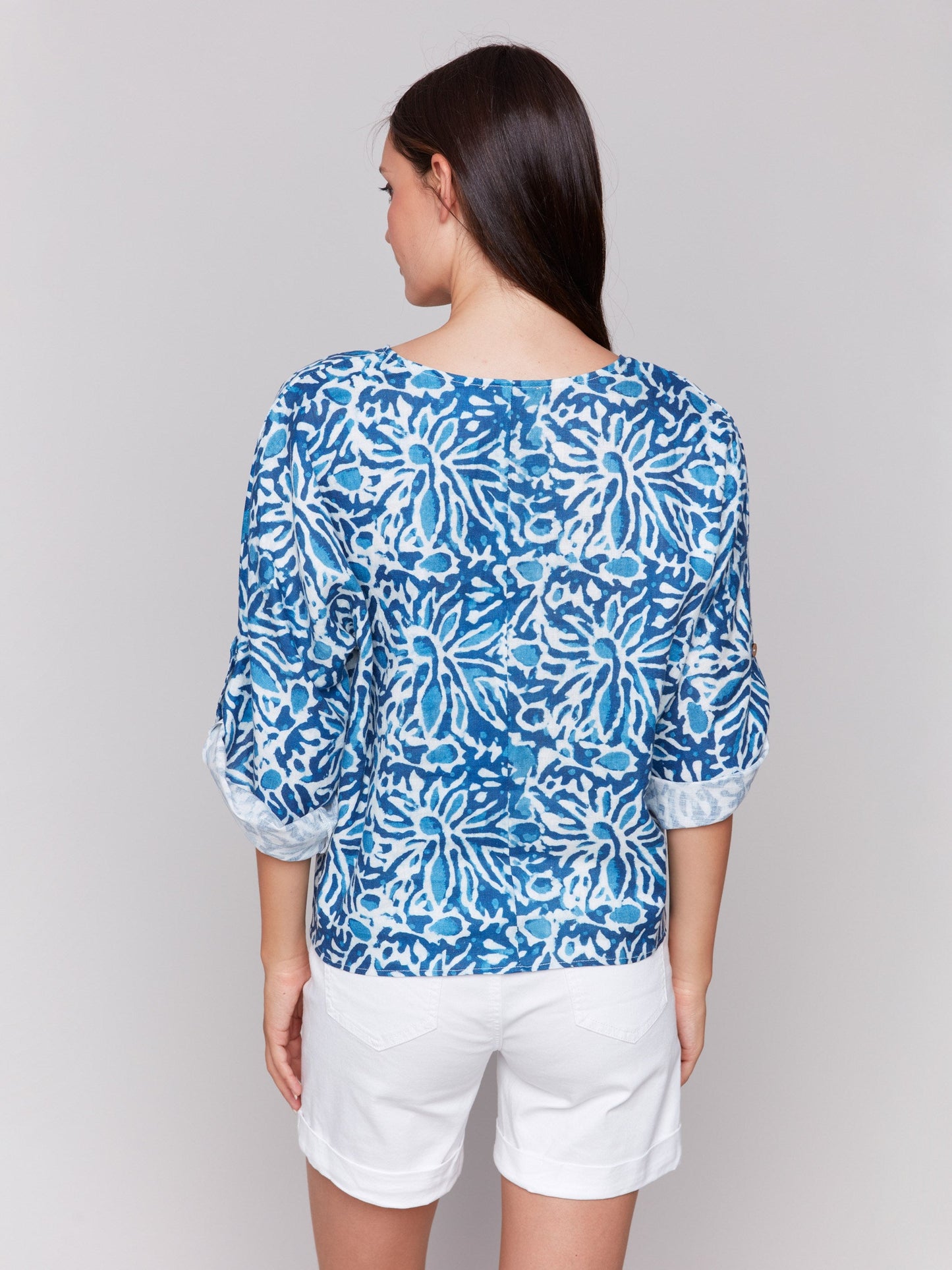 Printed 3/4 Sleeve Top with Front Tie - Reef