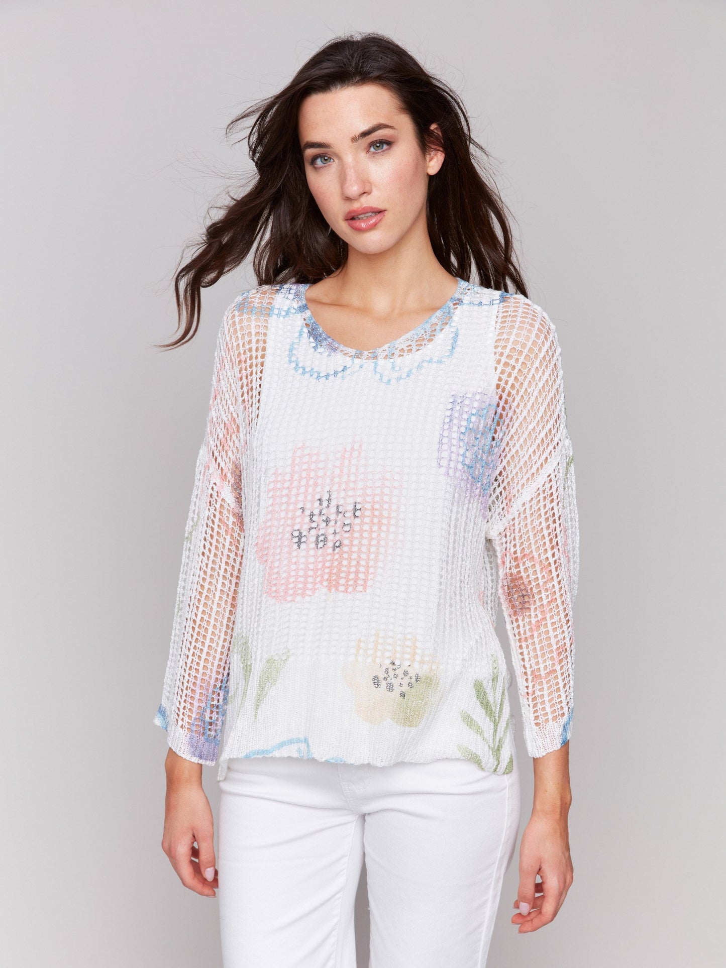 Printed Fishnet Crochet Sweater - Watercolor