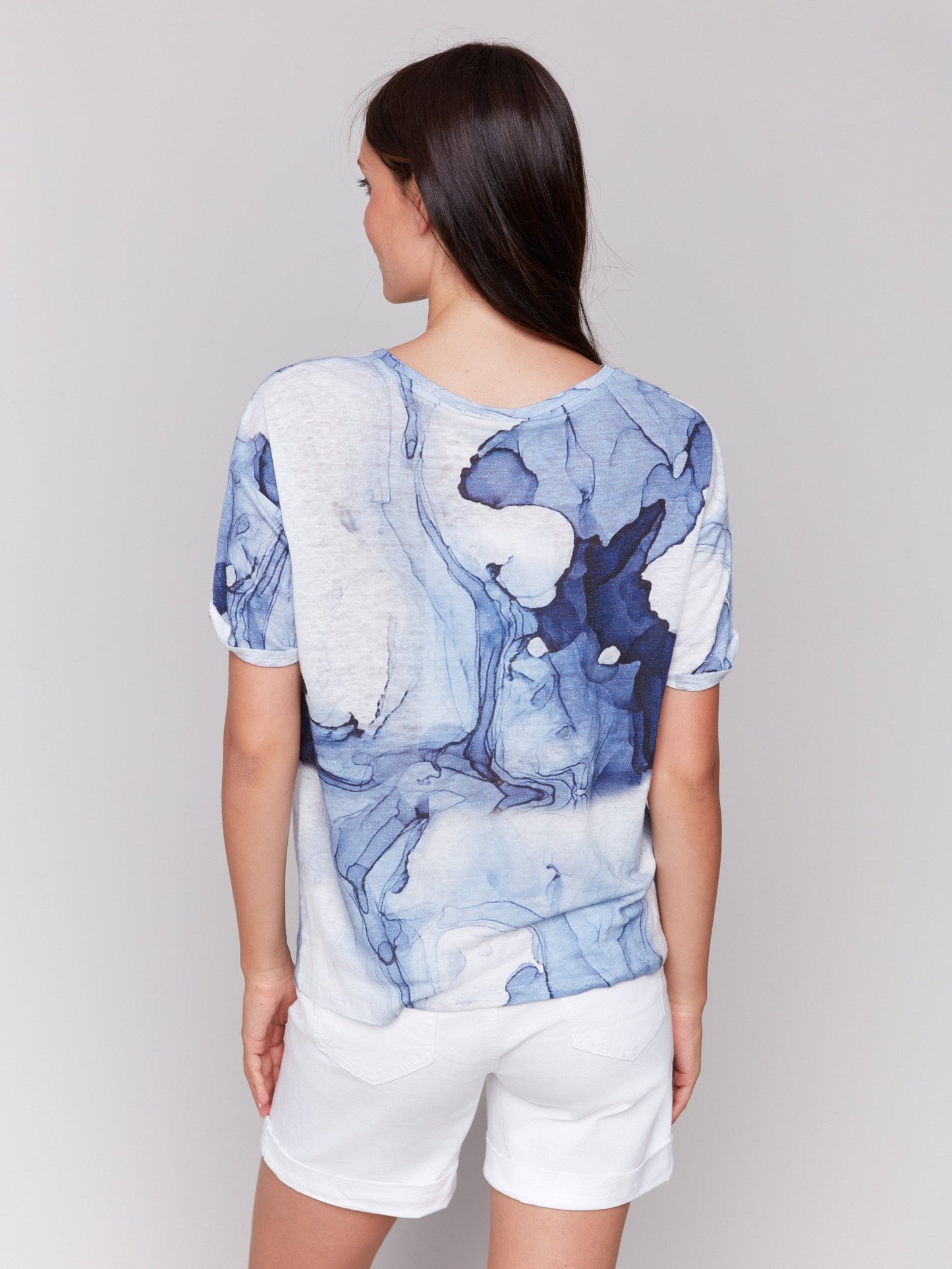 Printed Linen Blend T-Shirt with Twist Front - Ink