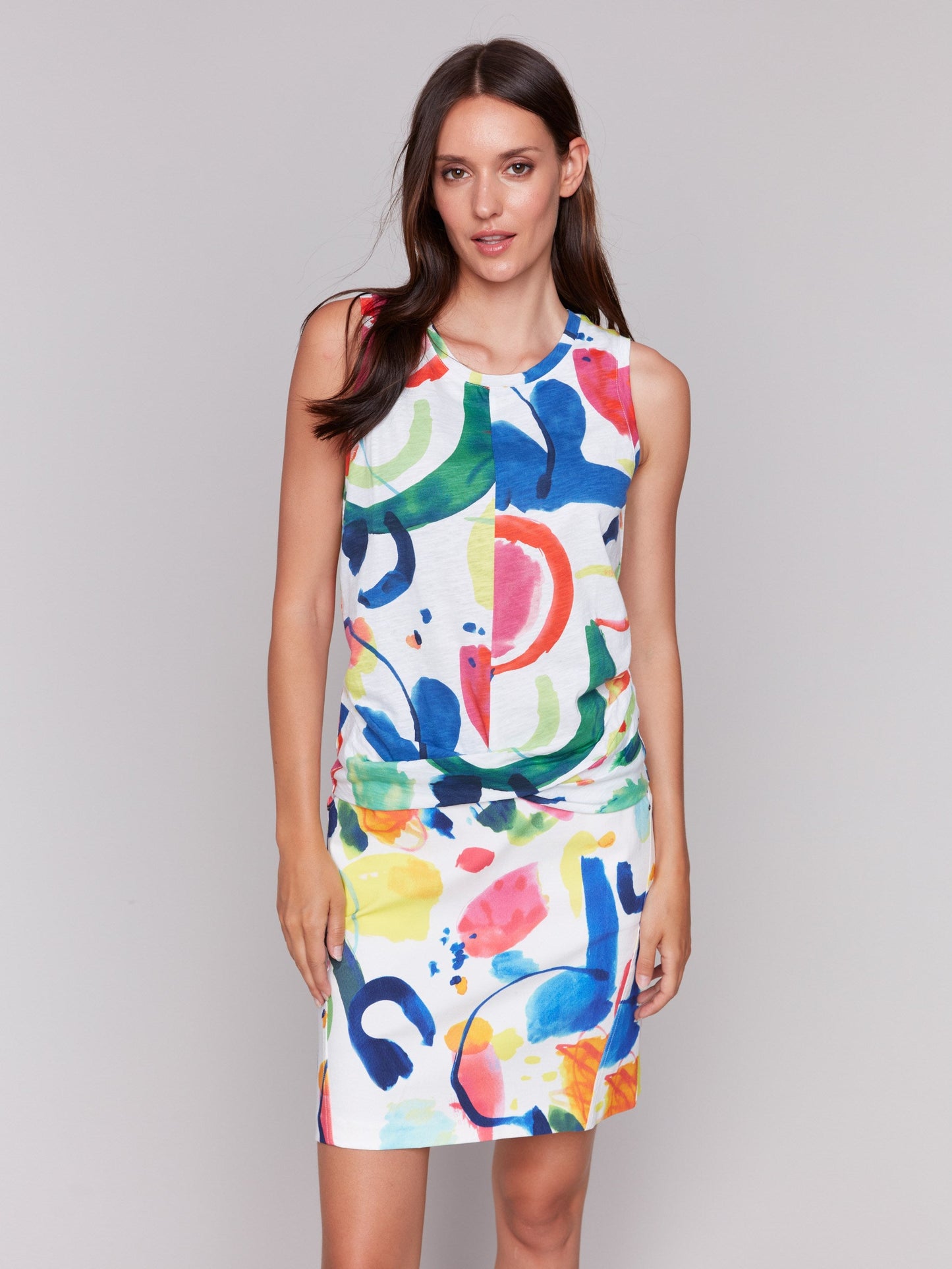 Printed Cotton Slub Tank Top with Knot Detail - Abstract