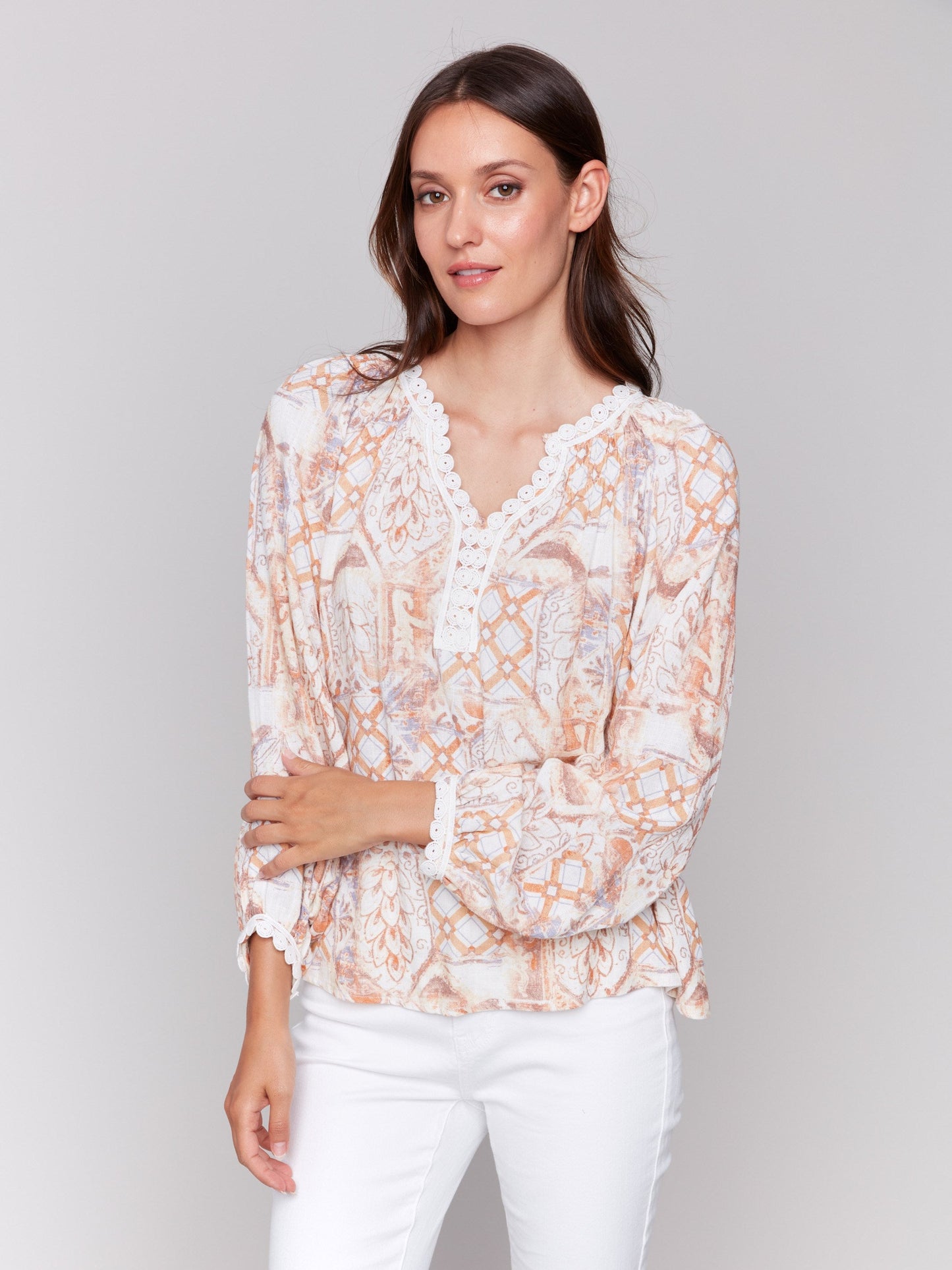 Printed Raglan Blouse with V-Notch Neckline - Papaya