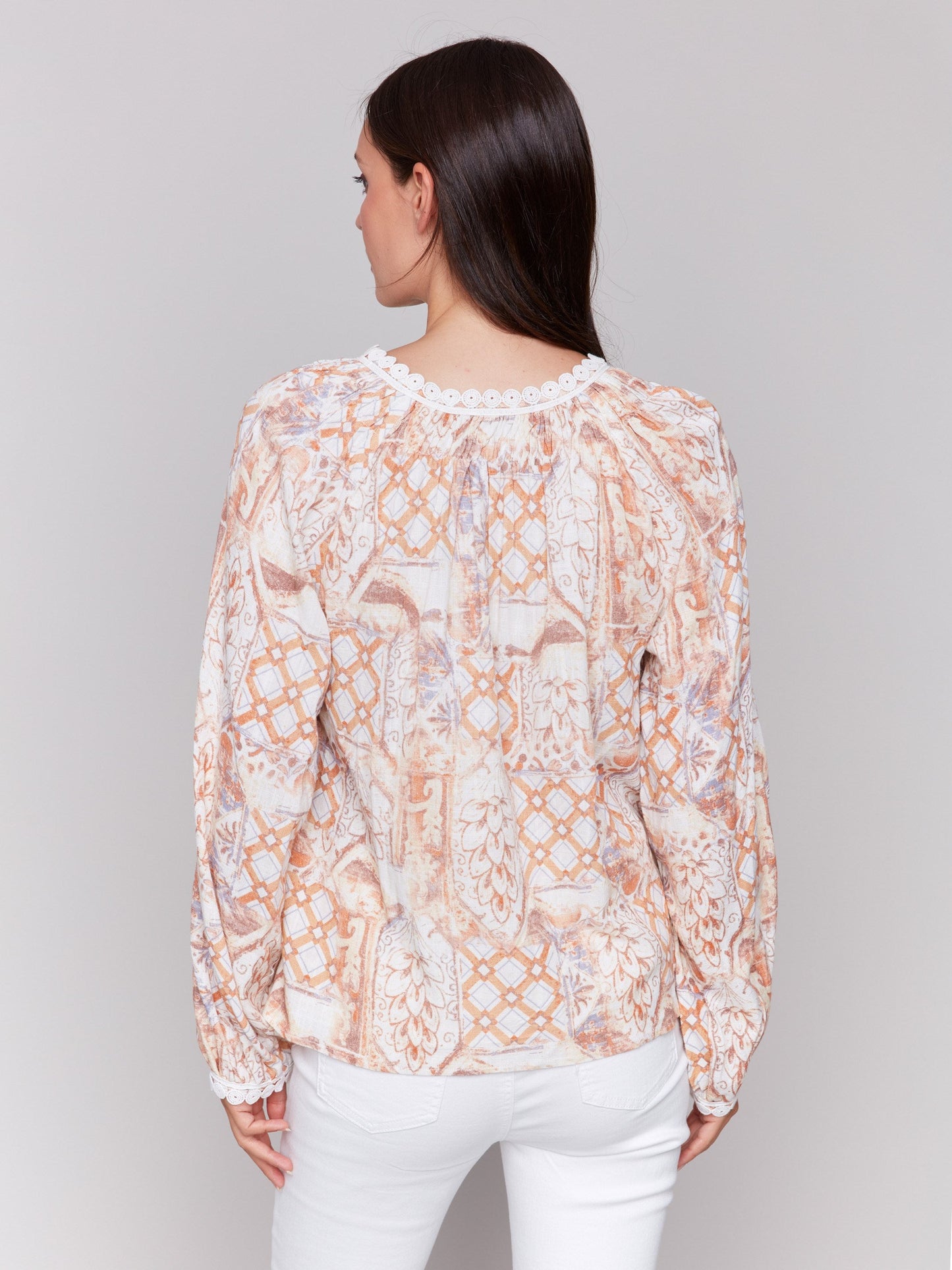 Printed Raglan Blouse with V-Notch Neckline - Papaya