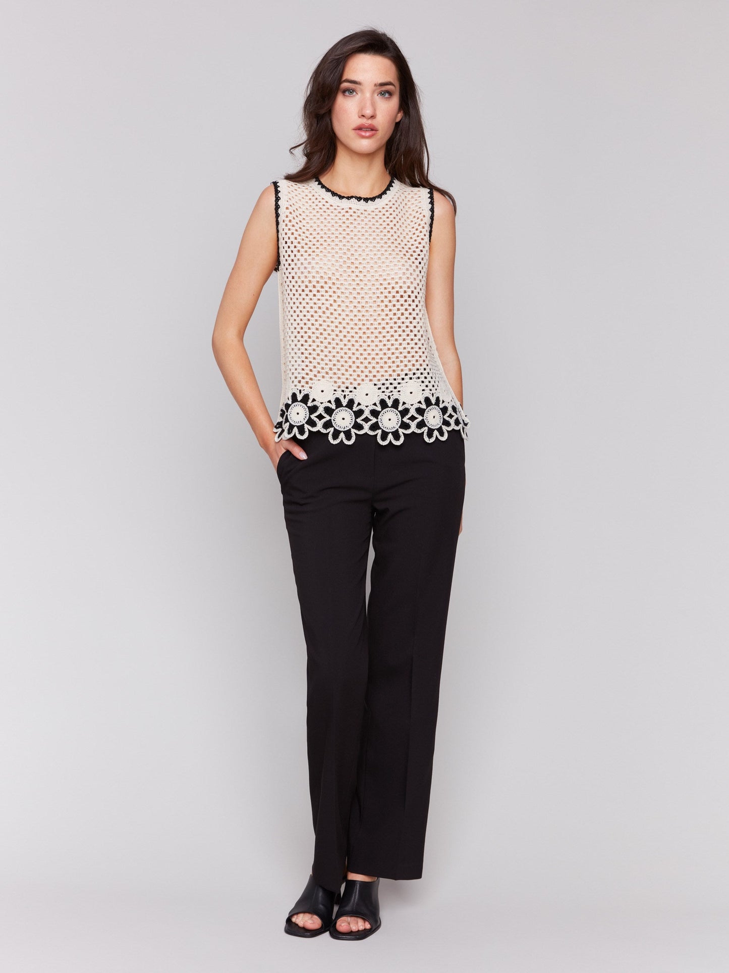Sleeveless Floral Border Crochet Top - Natural