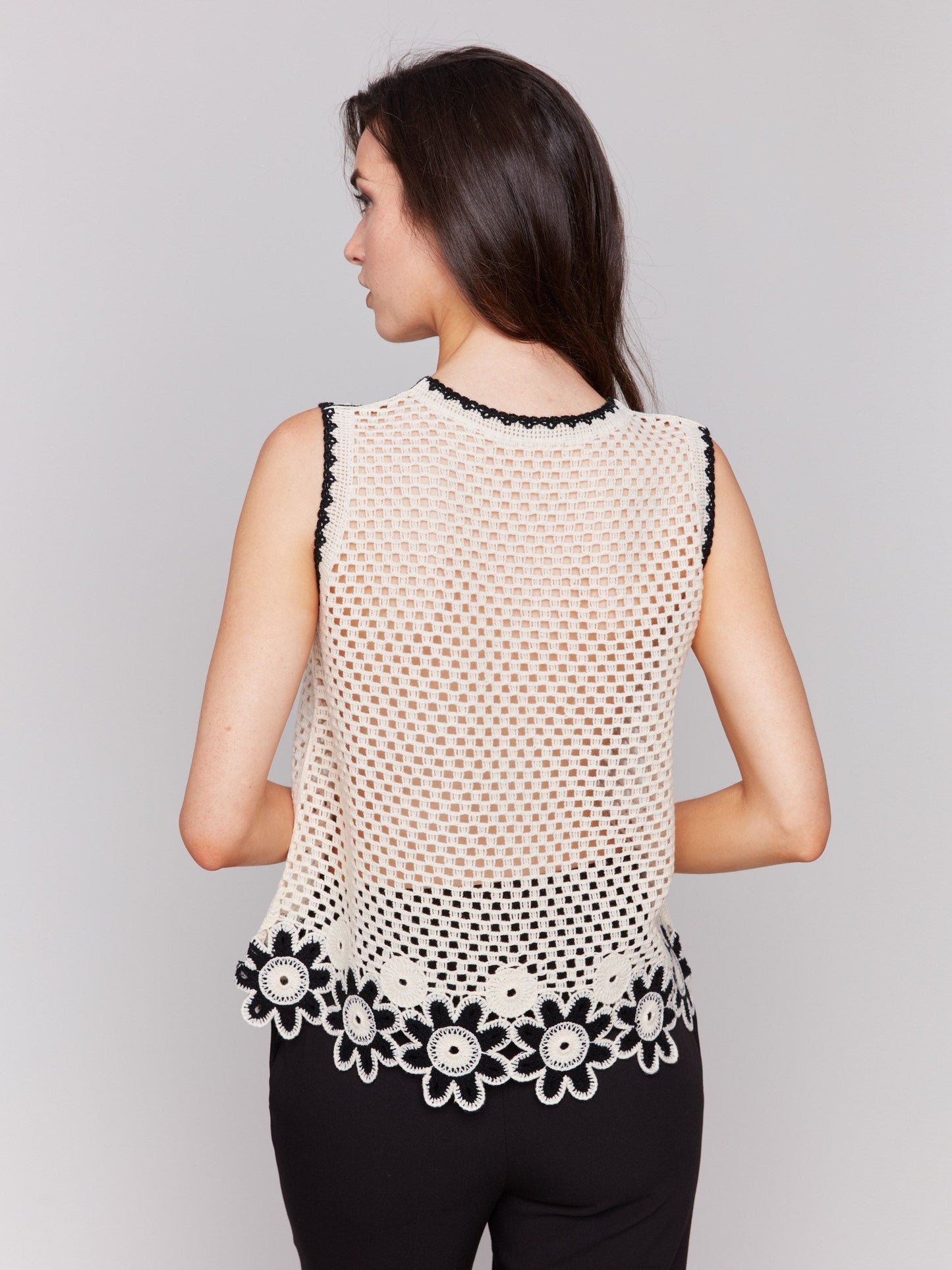 Sleeveless Floral Border Crochet Top - Natural