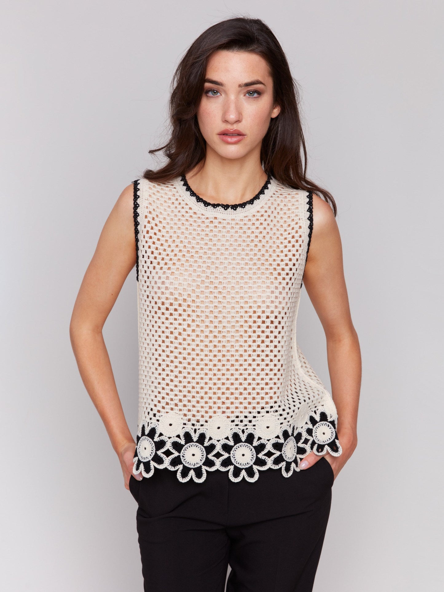 Sleeveless Floral Border Crochet Top - Natural