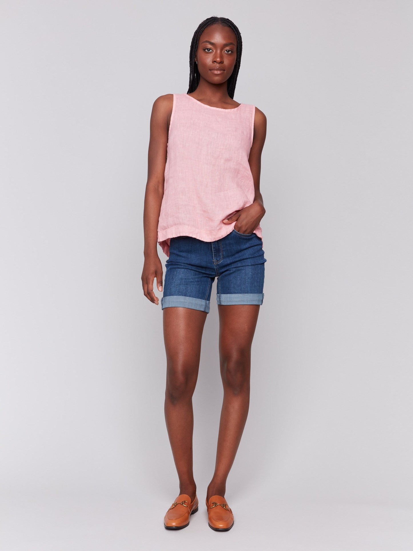 Sleeveless Linen Top with Side Buttons - Guava