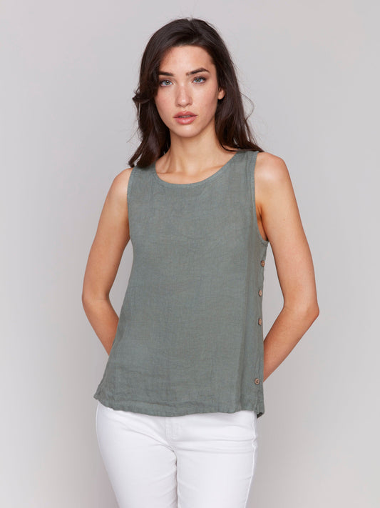 Sleeveless Linen Top with Side Buttons - Celadon