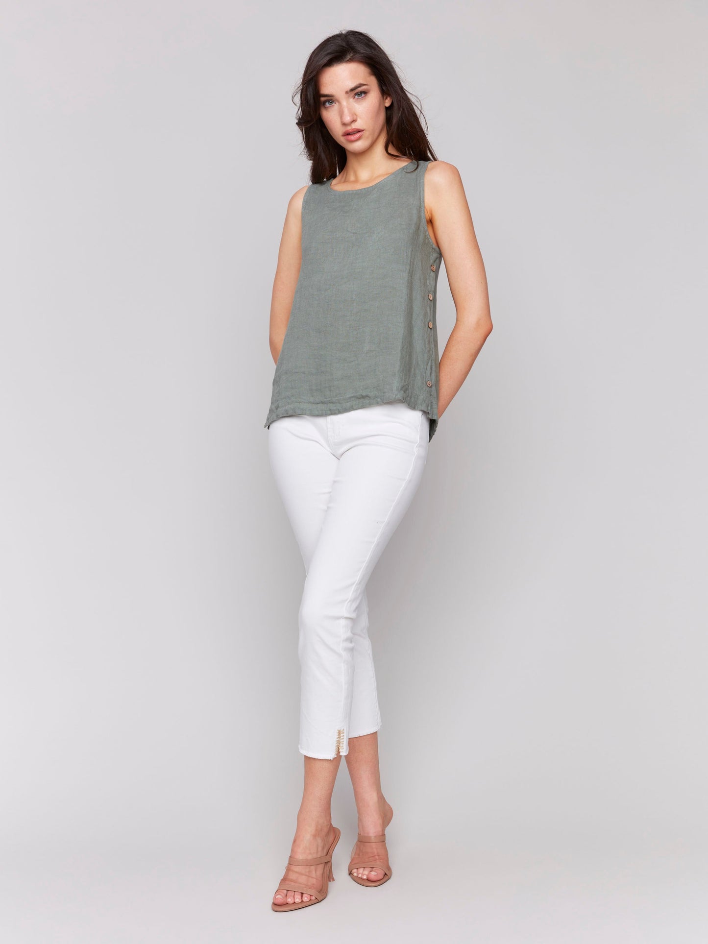 Sleeveless Linen Top with Side Buttons - Celadon