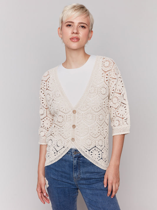3/4 Sleeve Crochet Cardigan - Natural