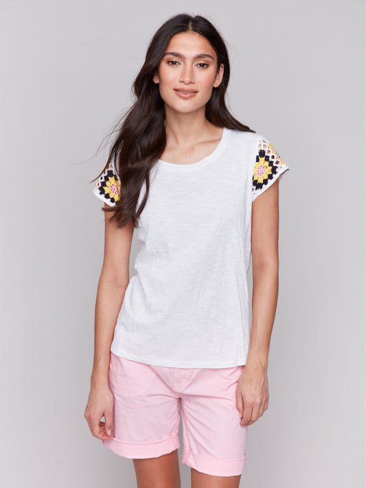 Crochet Cap Sleeve Cotton T-Shirt - White