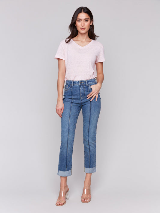 Cropped Pin Tuck Jeans - Medium Blue
