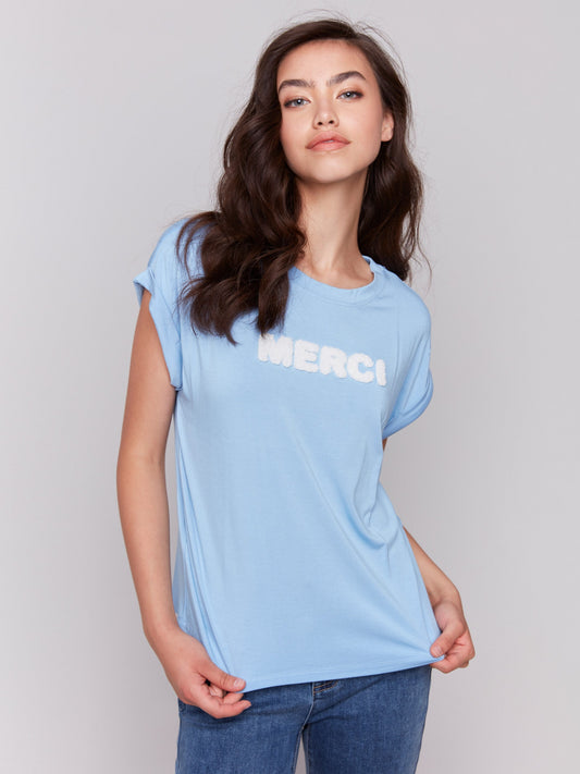 Drop Shoulder Appliqué T-Shirt - Bluebell