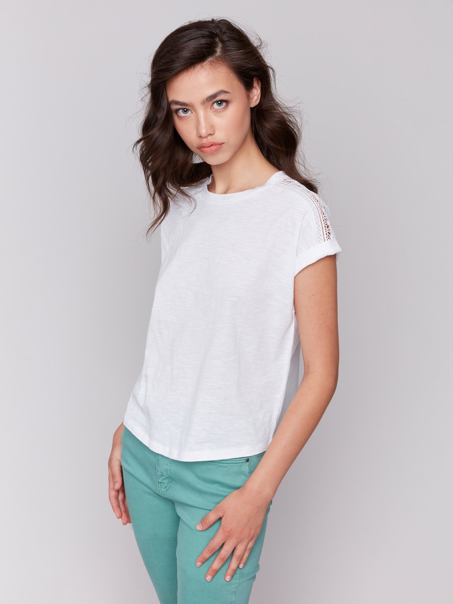 Drop Shoulder T-Shirt with Lace Detail - White