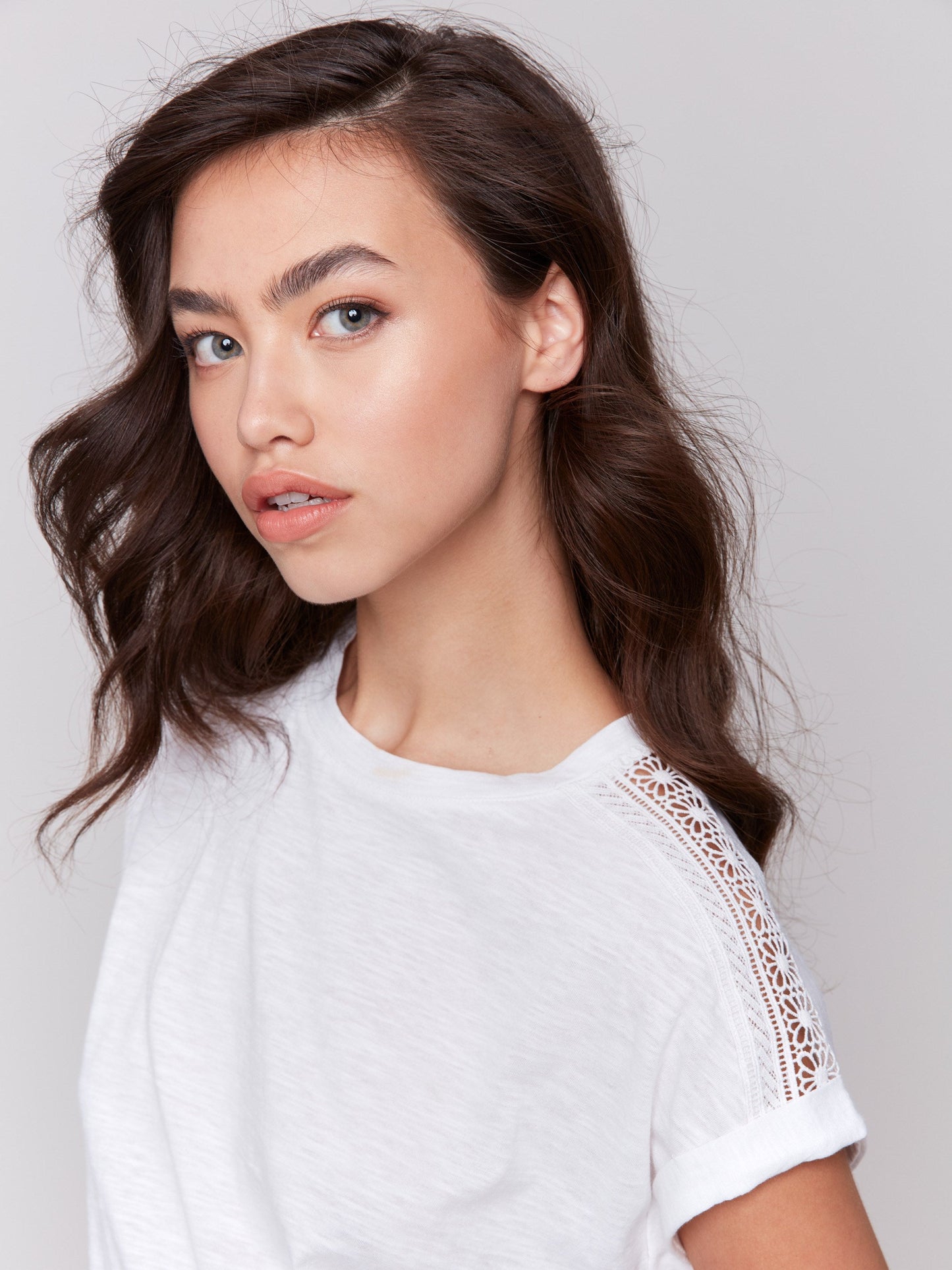 Drop Shoulder T-Shirt with Lace Detail - White