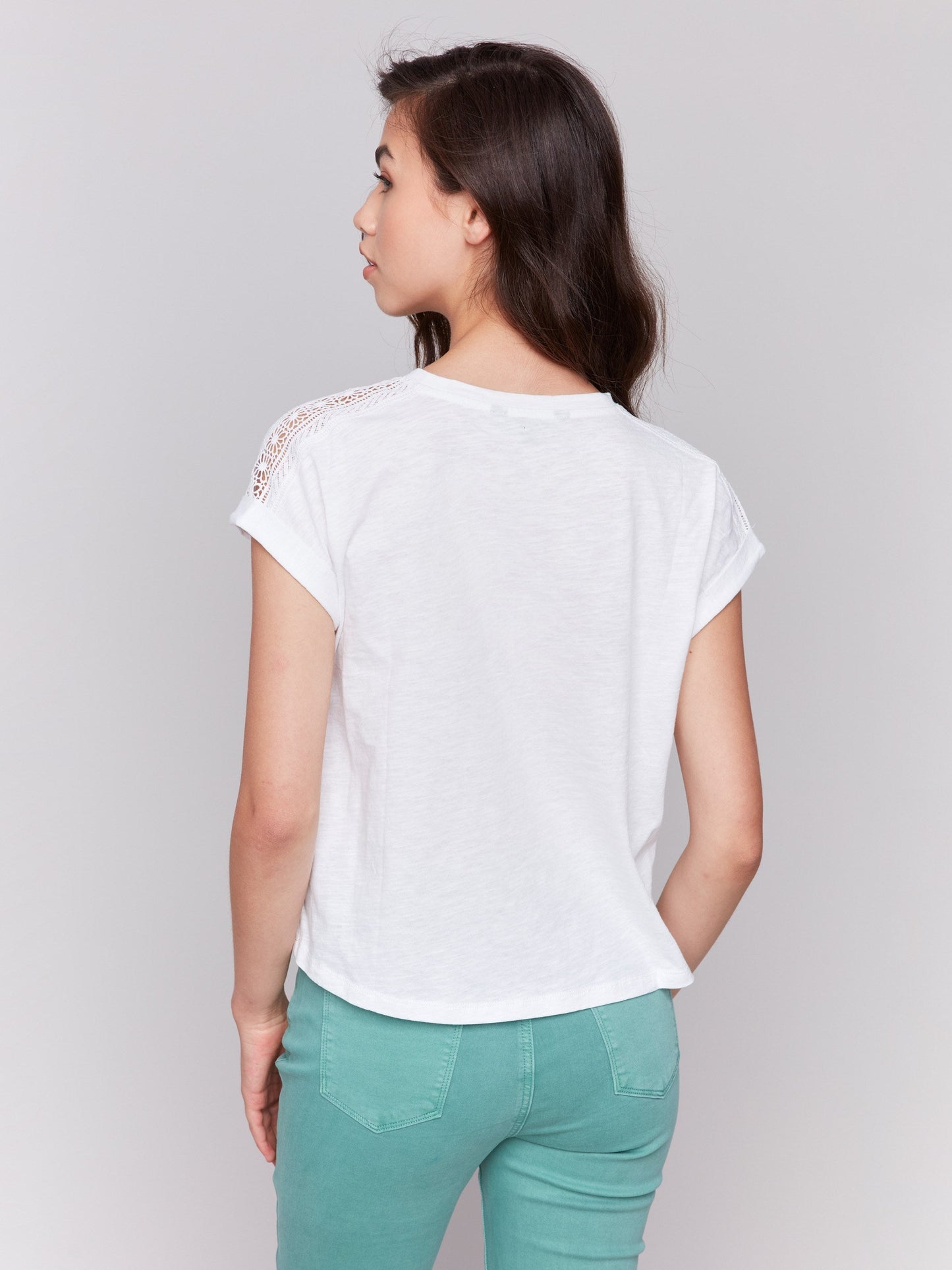 Drop Shoulder T-Shirt with Lace Detail - White
