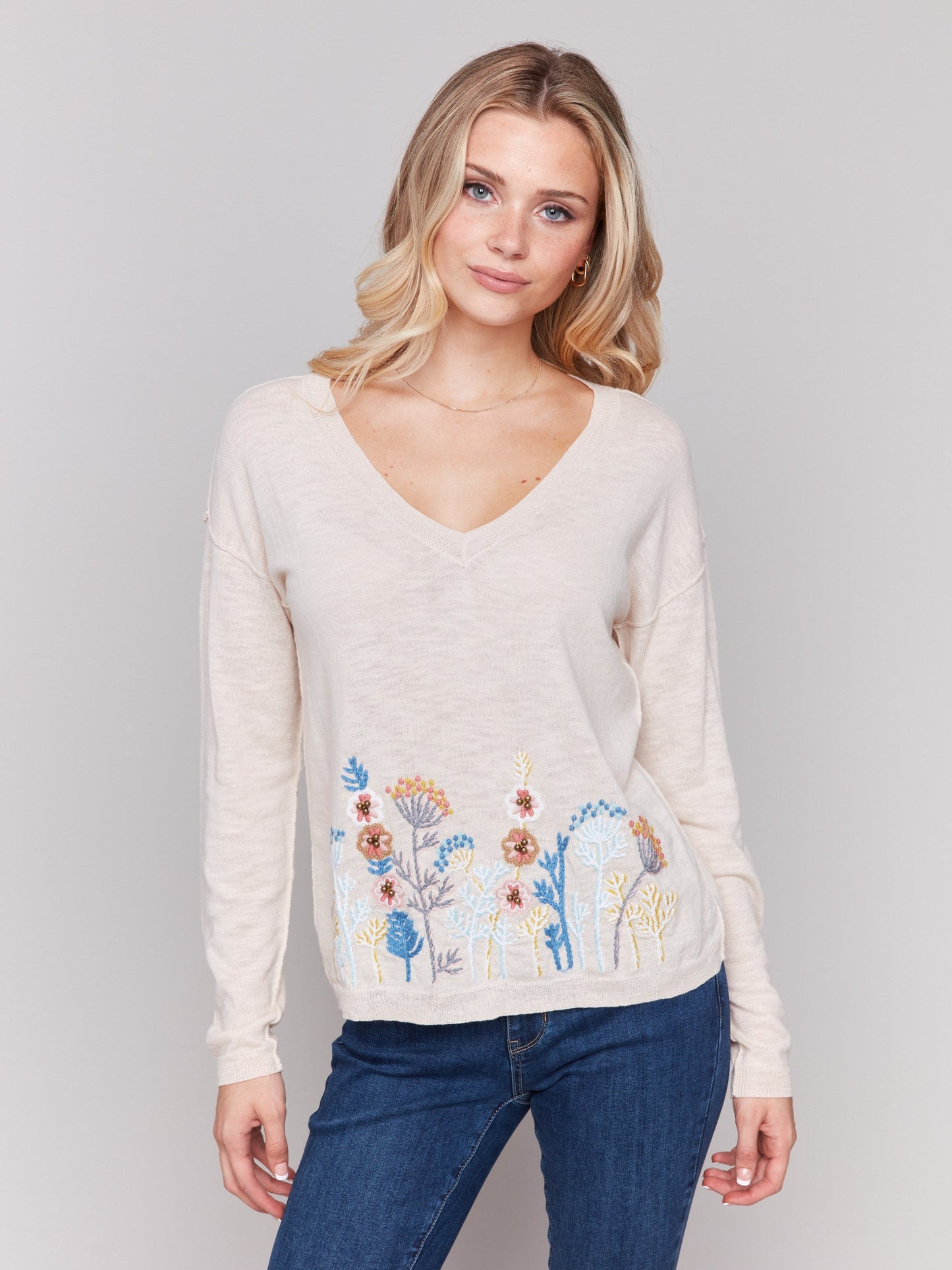 Embroidered Cotton V-Neck Sweater - Flowers