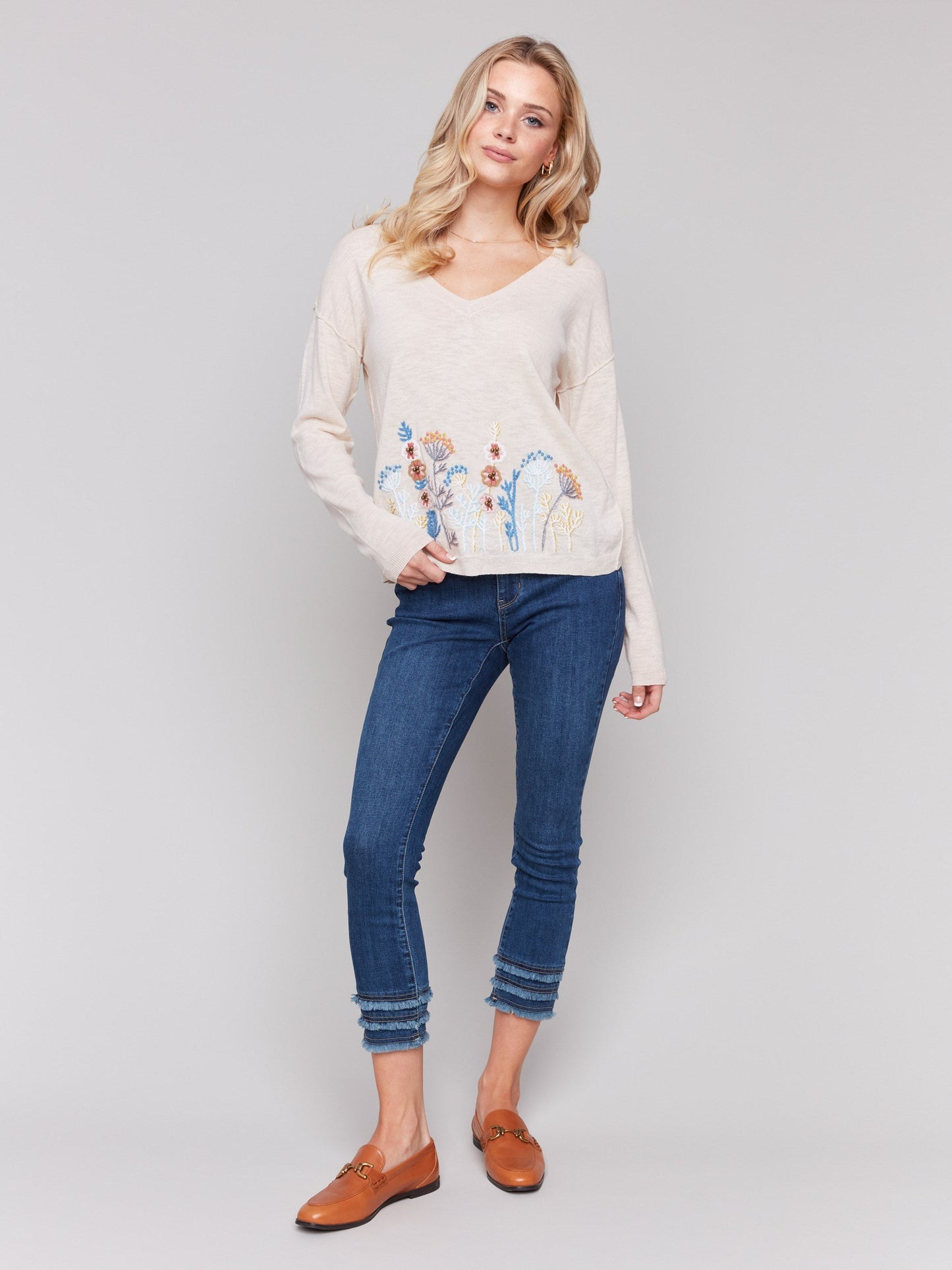 Embroidered Cotton V-Neck Sweater - Flowers