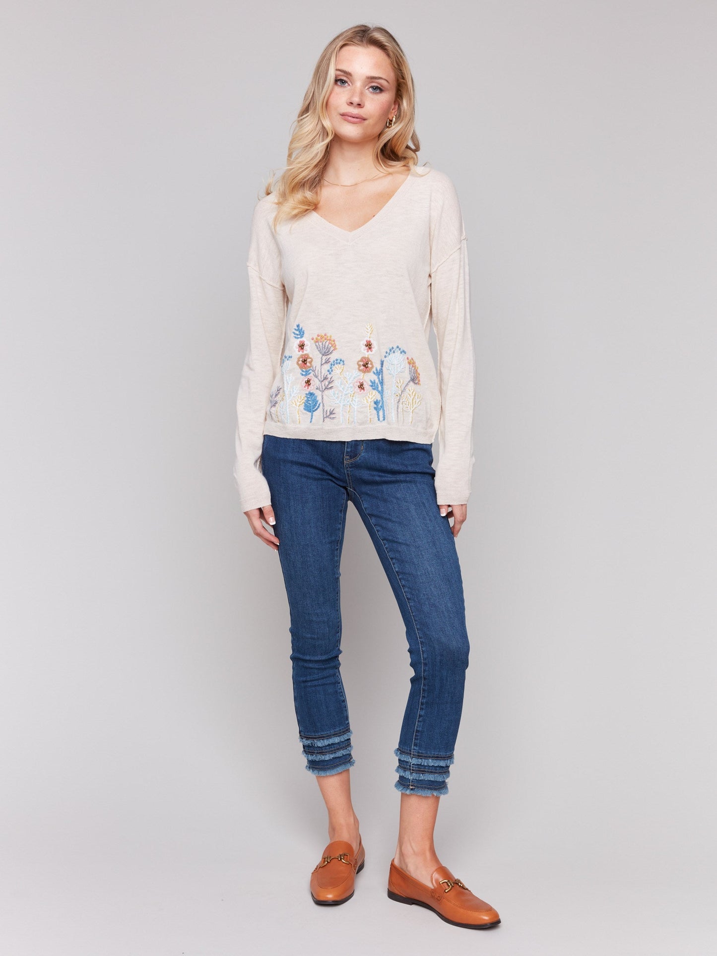 Embroidered Cotton V-Neck Sweater - Flowers