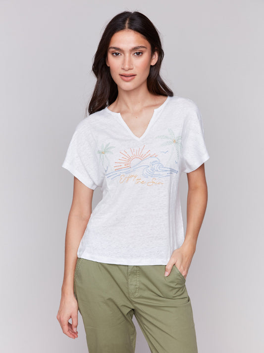 Embroidered Short Sleeve Dolman Top - White