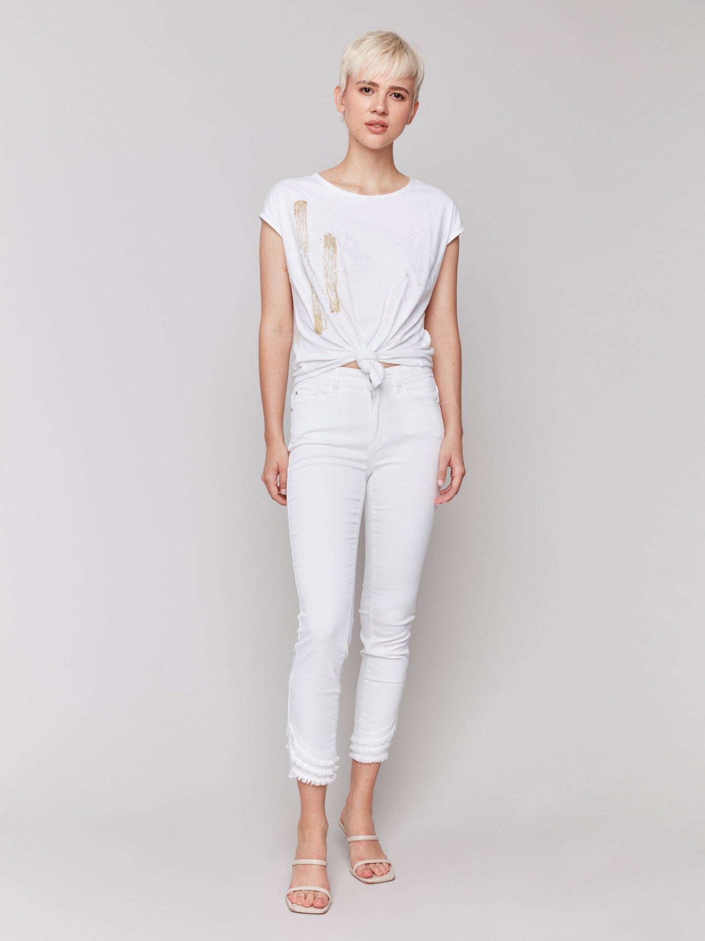 Foil Print Front Knot Top - Metallic