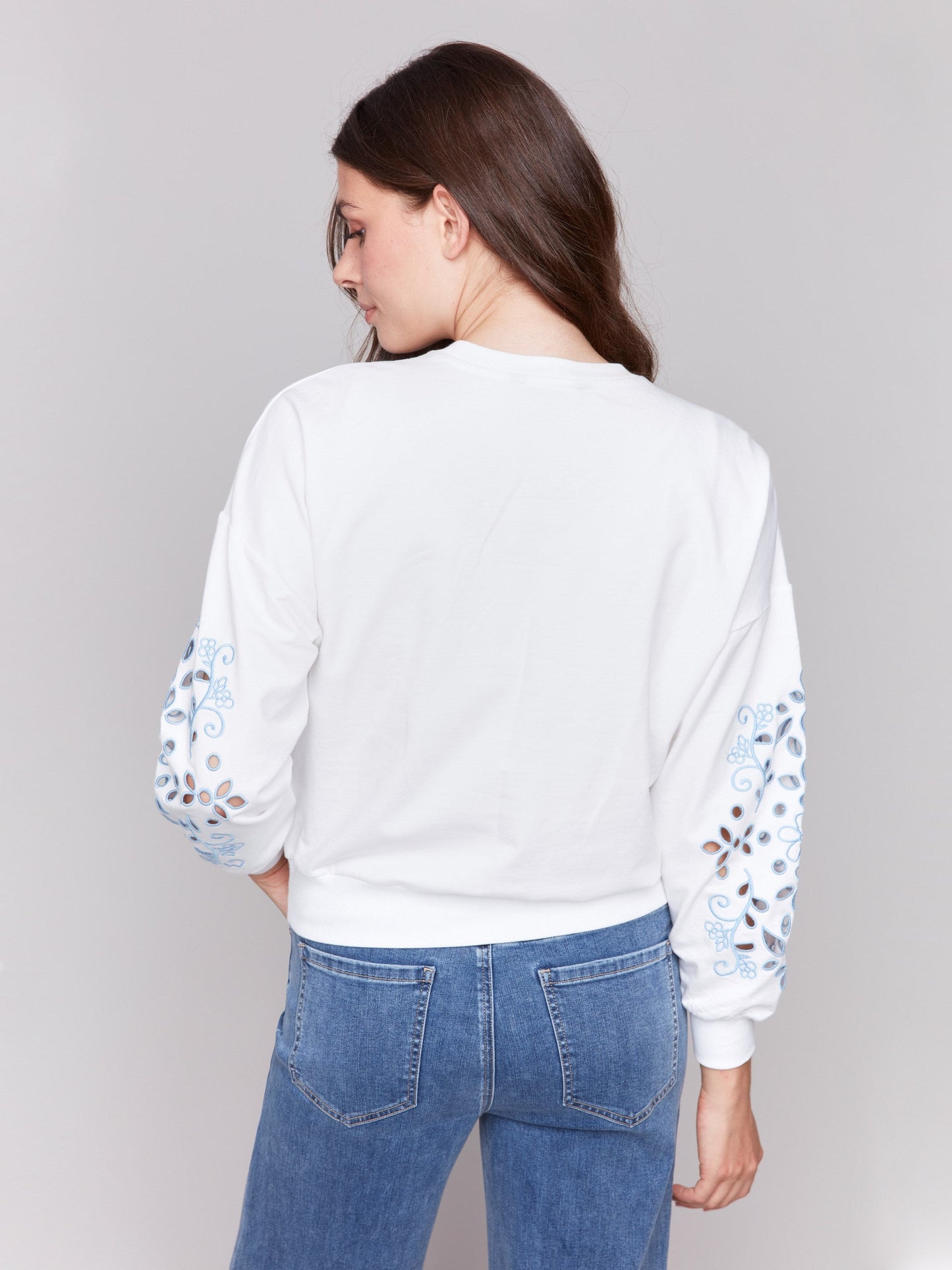 French Terry Sweatshirt with Embroidered Sleeves - White