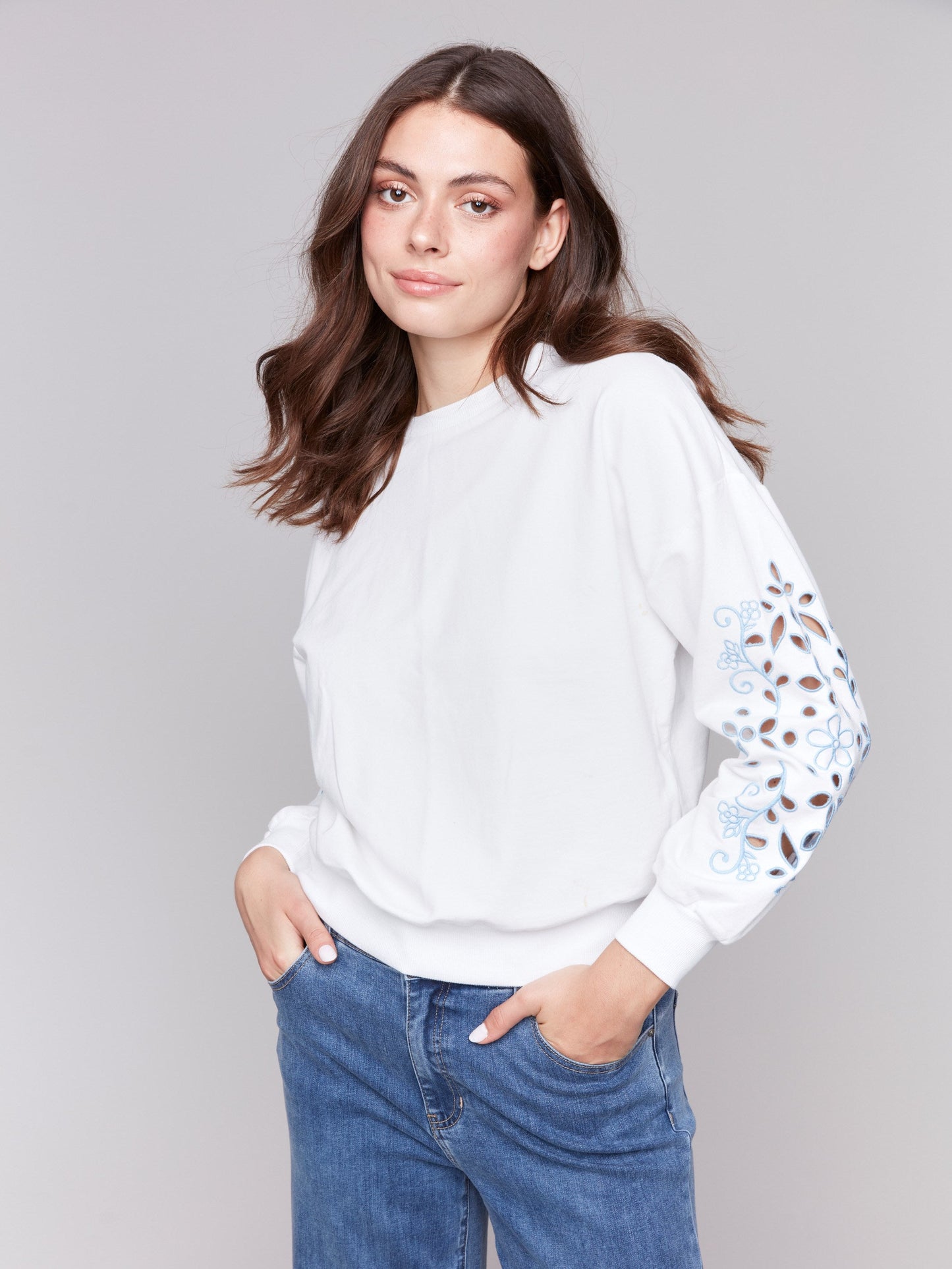 French Terry Sweatshirt with Embroidered Sleeves - White