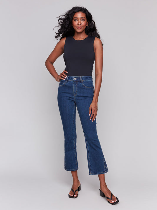 Lace Cut Side Bootcut Jeans - Indigo
