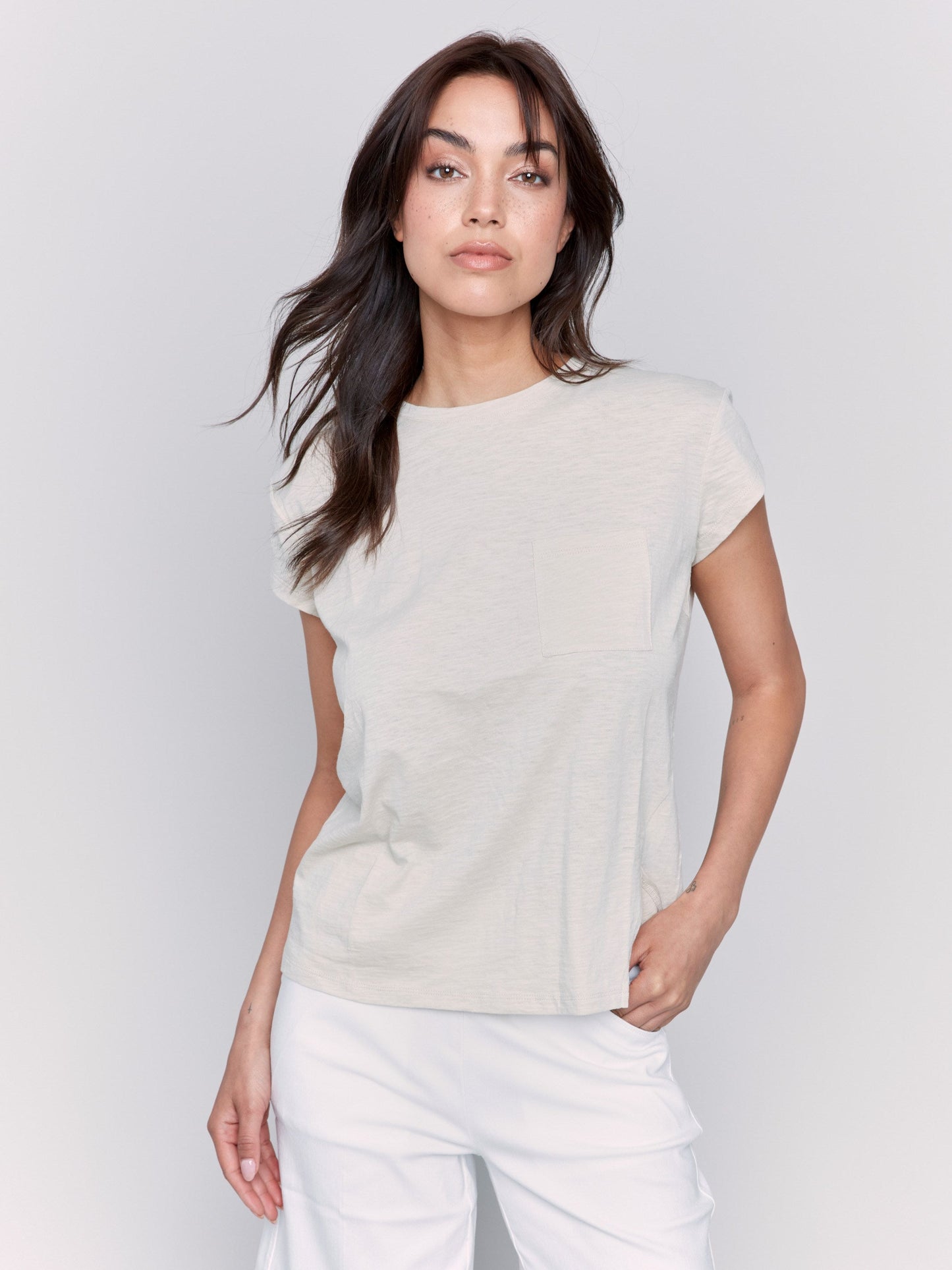 Organic Cotton Cap Sleeve T-Shirt with Slit Detail - Sand