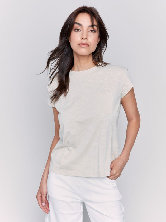 Organic Cotton Cap Sleeve T-Shirt with Slit Detail - Sand