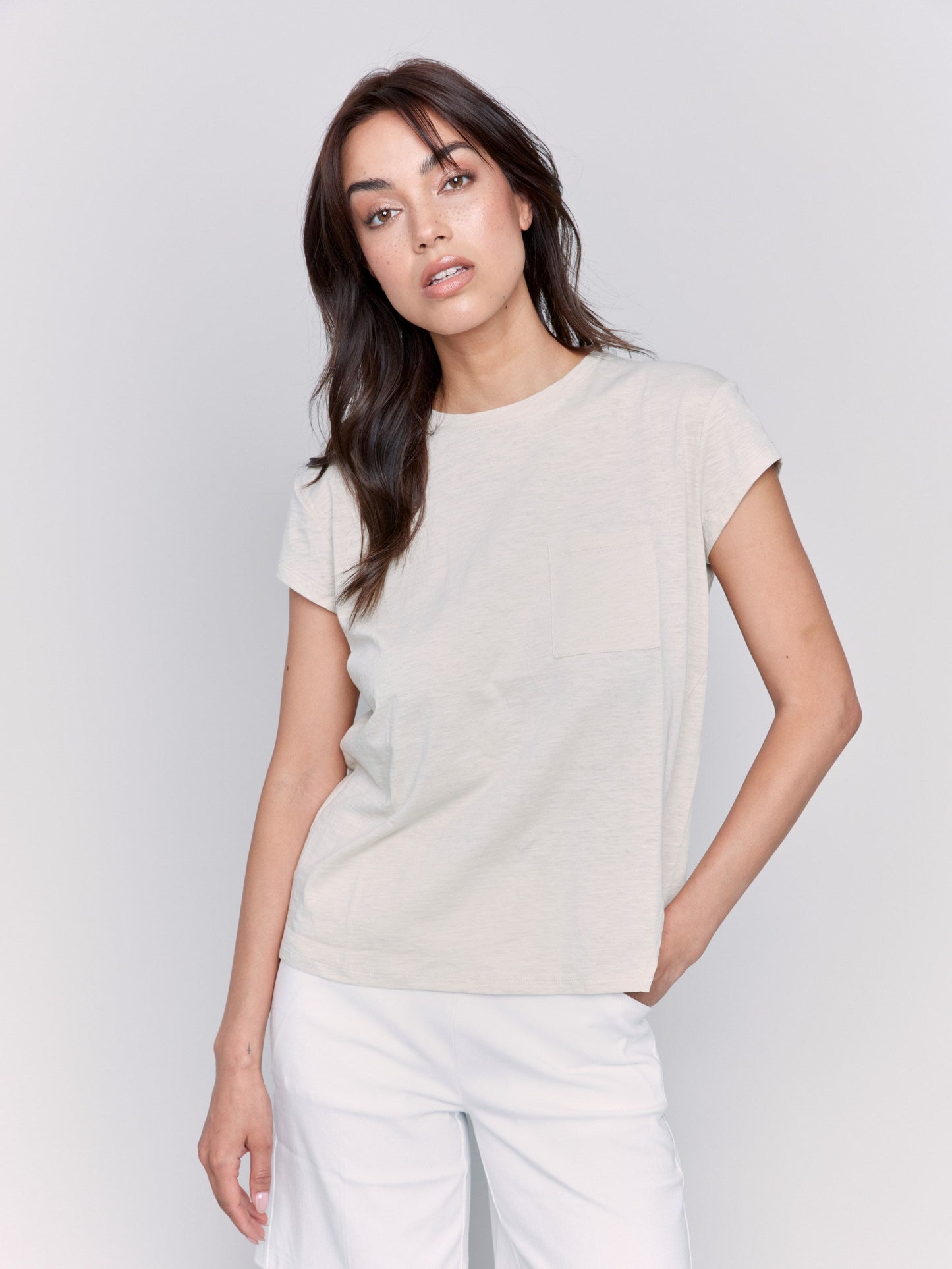 Organic Cotton Cap Sleeve T-Shirt with Slit Detail - Sand